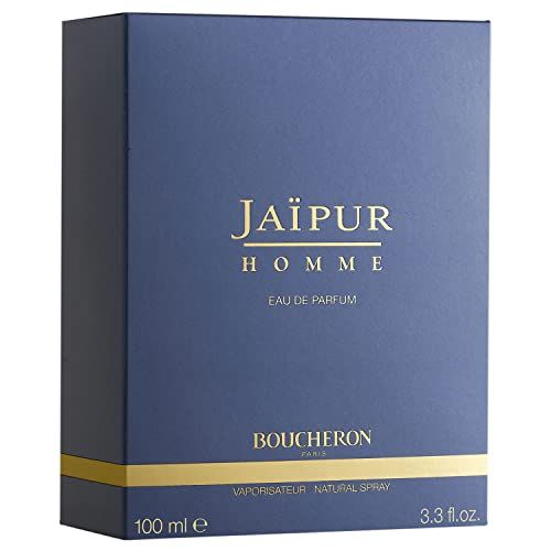 Dunkelblaue Schachtel. Aufschrift: Jaïpur Homme Eau de Parfum. Boucheron. 100 ml.