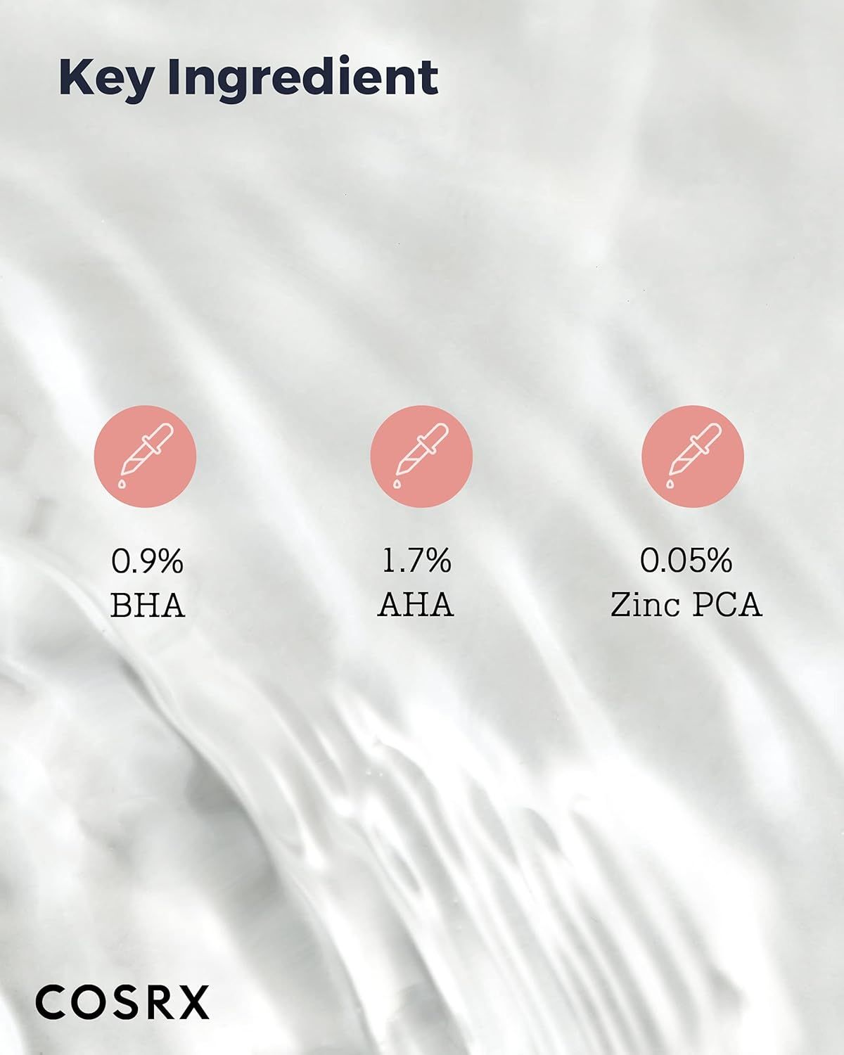 COSRX Calming Liquid Intensive: Key Ingredient. 0.9% BHA, 1.7% AHA, 0.05% Zinc PCA.
