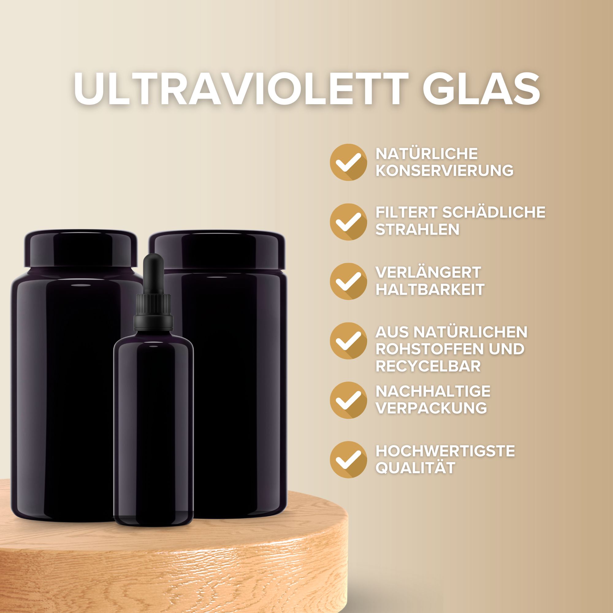 Drei dunkle Glasflaschen mit Pipetten. Informationen zu natürlicher Konservierung, UV-Schutz und nachhaltiger Verpackung.
