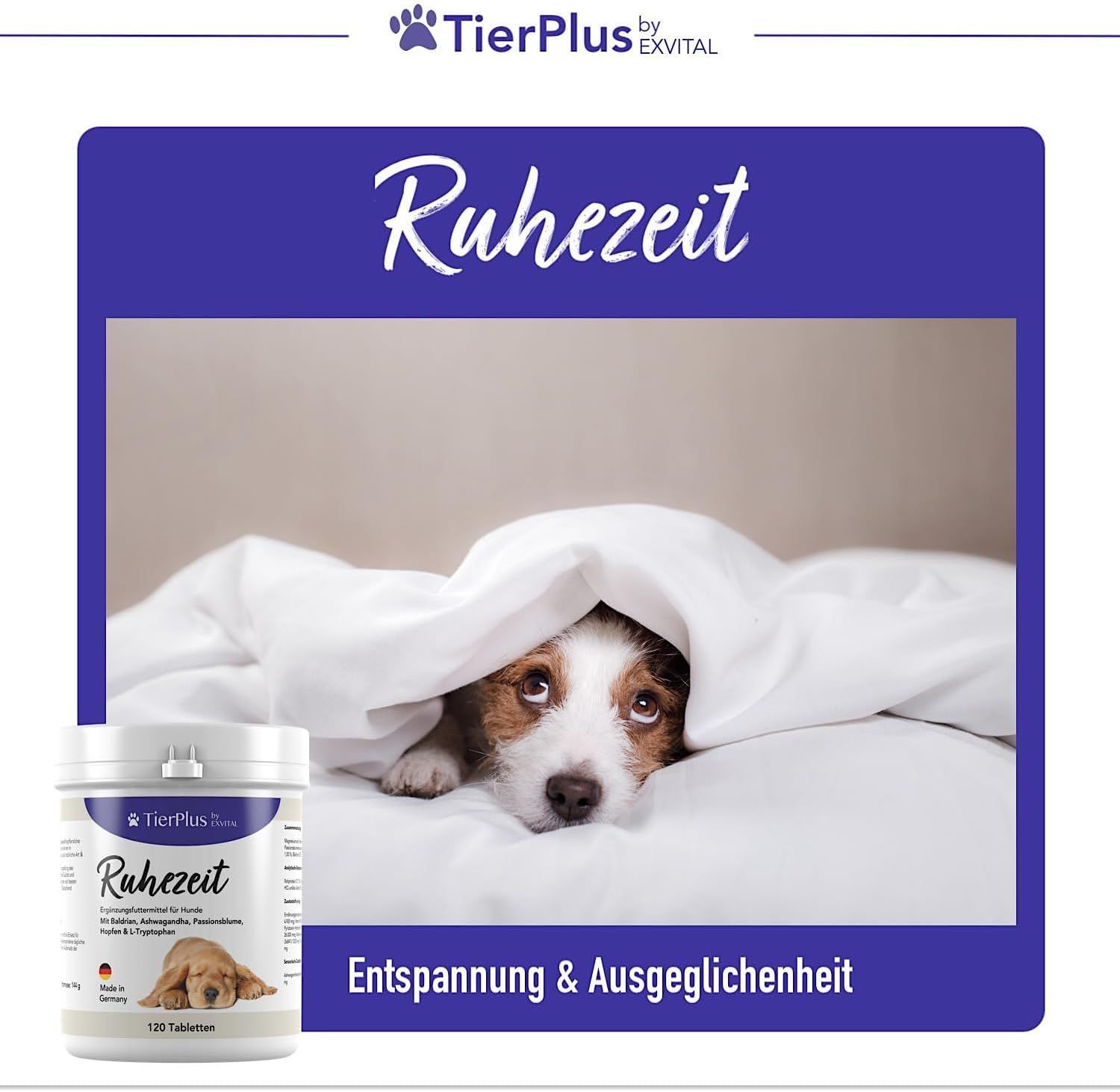 Produkt "Ruhezeit" für Hunde neben einem Hund unter einer Decke. Text: Entspannung & Ausgeglichenheit.