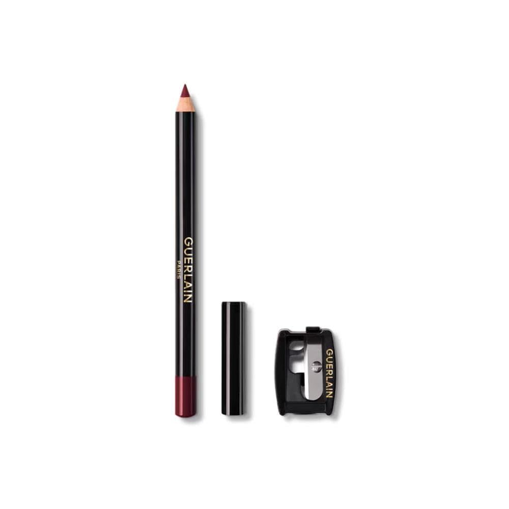 Lippenstift-Stift, Kappe, Anspitzer. Schwarzer Stift mit roter Spitze. Anspitzer mit Logo.