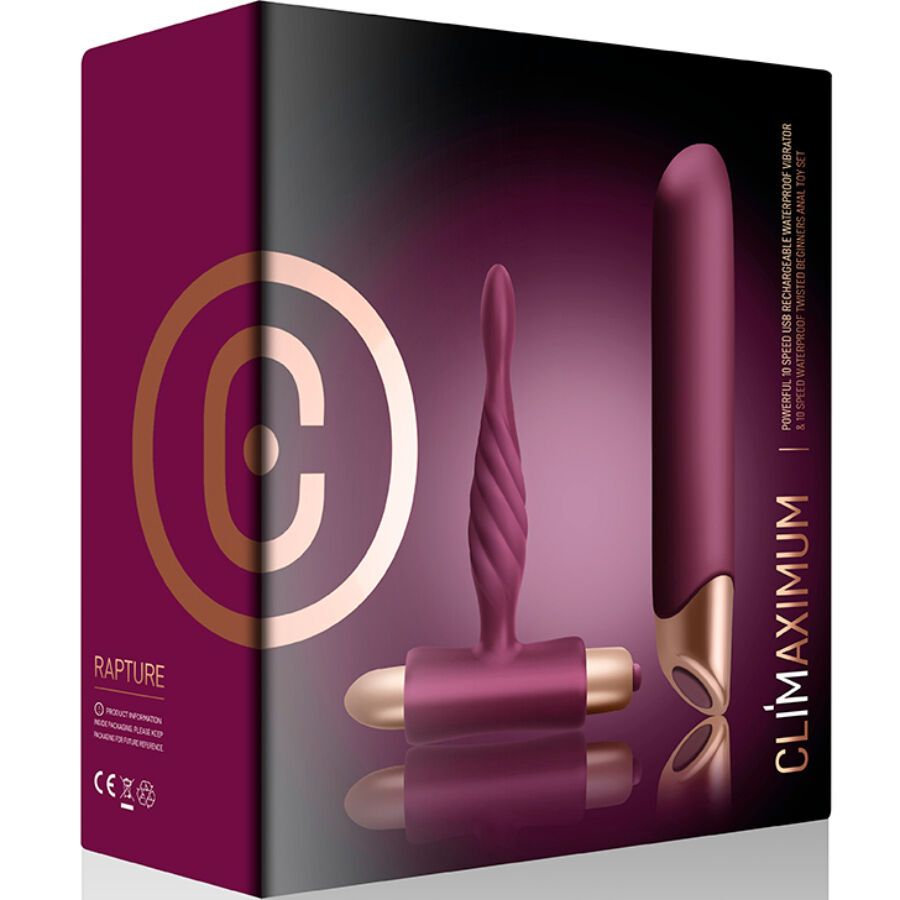 Verpackung mit zwei Vibratoren. Burgunderrot mit goldfarbenen Akzenten. Aufschrift: Climaximum Rapture.