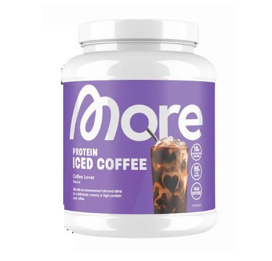 More Nutrition Protein - Iced Coffee Dose mit Kaffee-Motiv und Nährwertangaben.