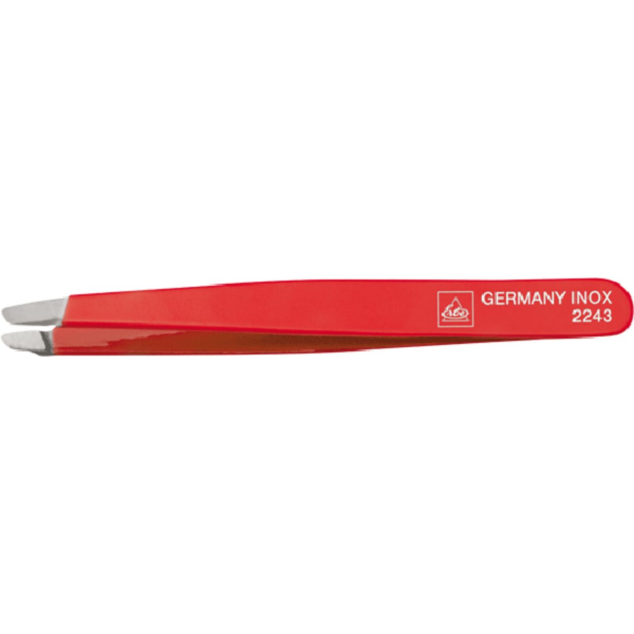 Rote Pinzette aus rostfreiem Edelstahl, schräg zulaufende Spitze, Made in Germany.