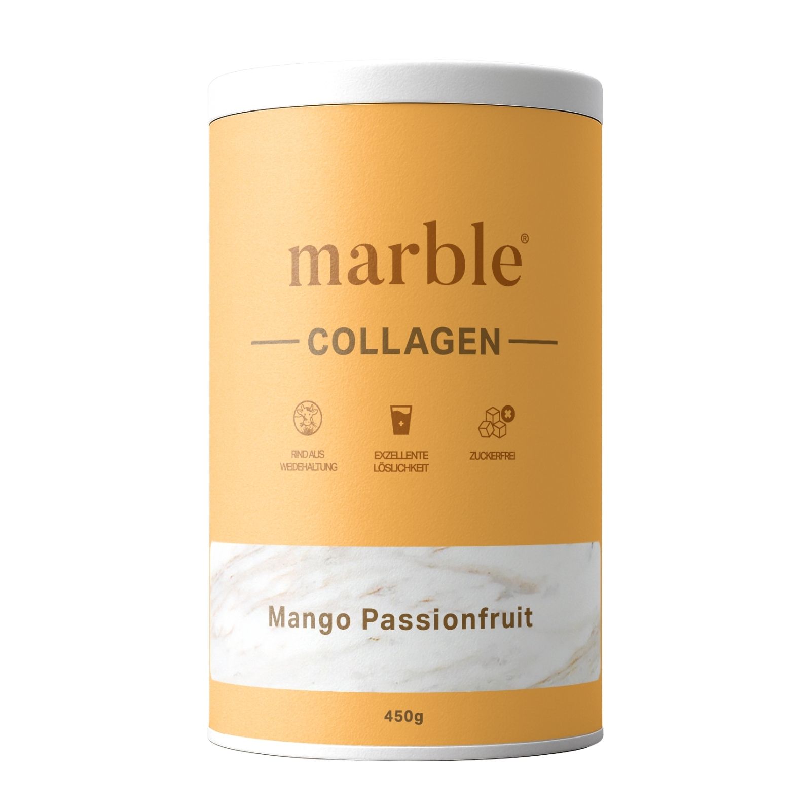 Zylindrische Dose mit weißem Deckel. Aufschrift: marble Collagen, Mango-Passionfruit. 450g. Symbole für Eigenschaften.