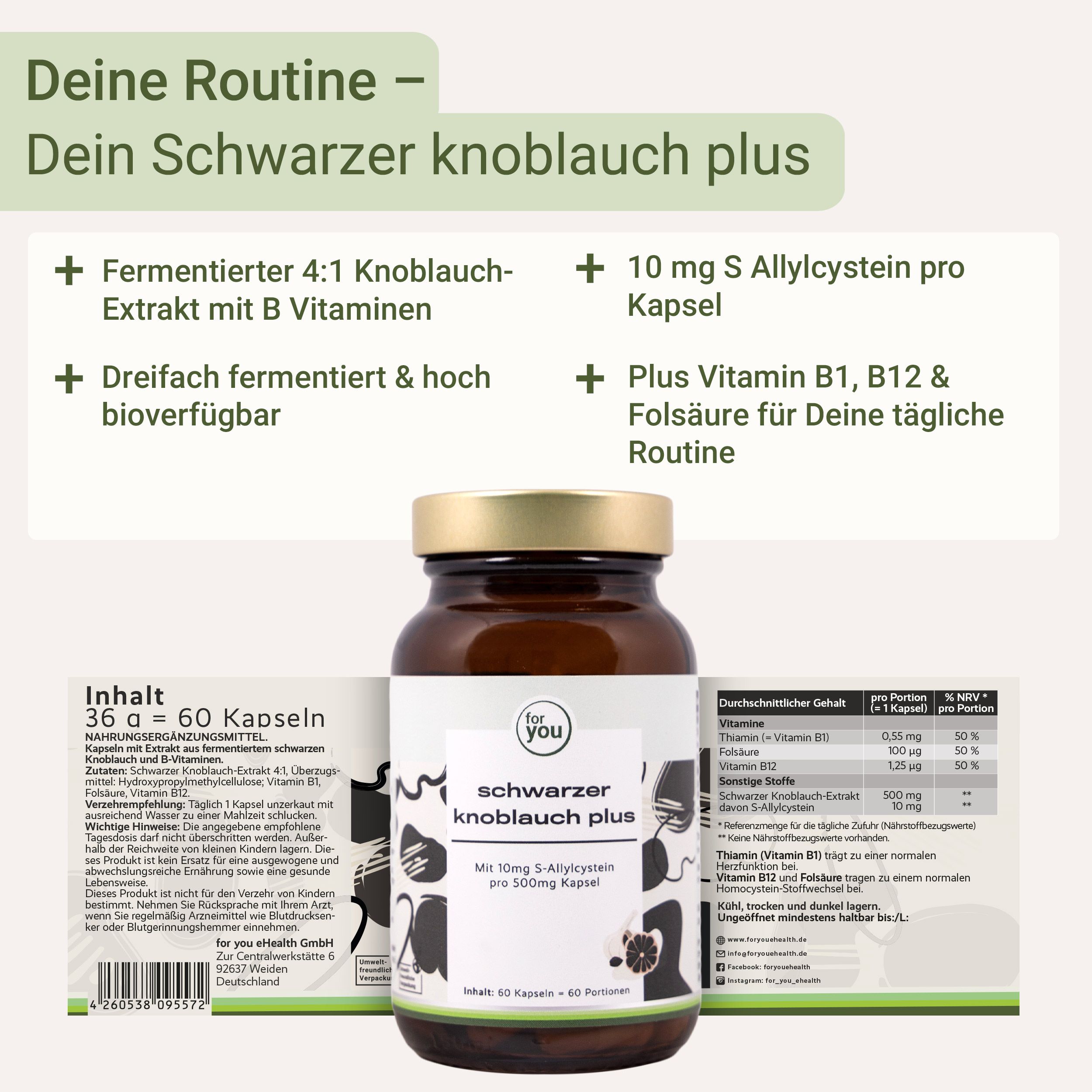 Flasche Schwarzer Knoblauch Plus mit Informationen zu Inhaltsstoffen und Nährwerten auf der Rückseite.