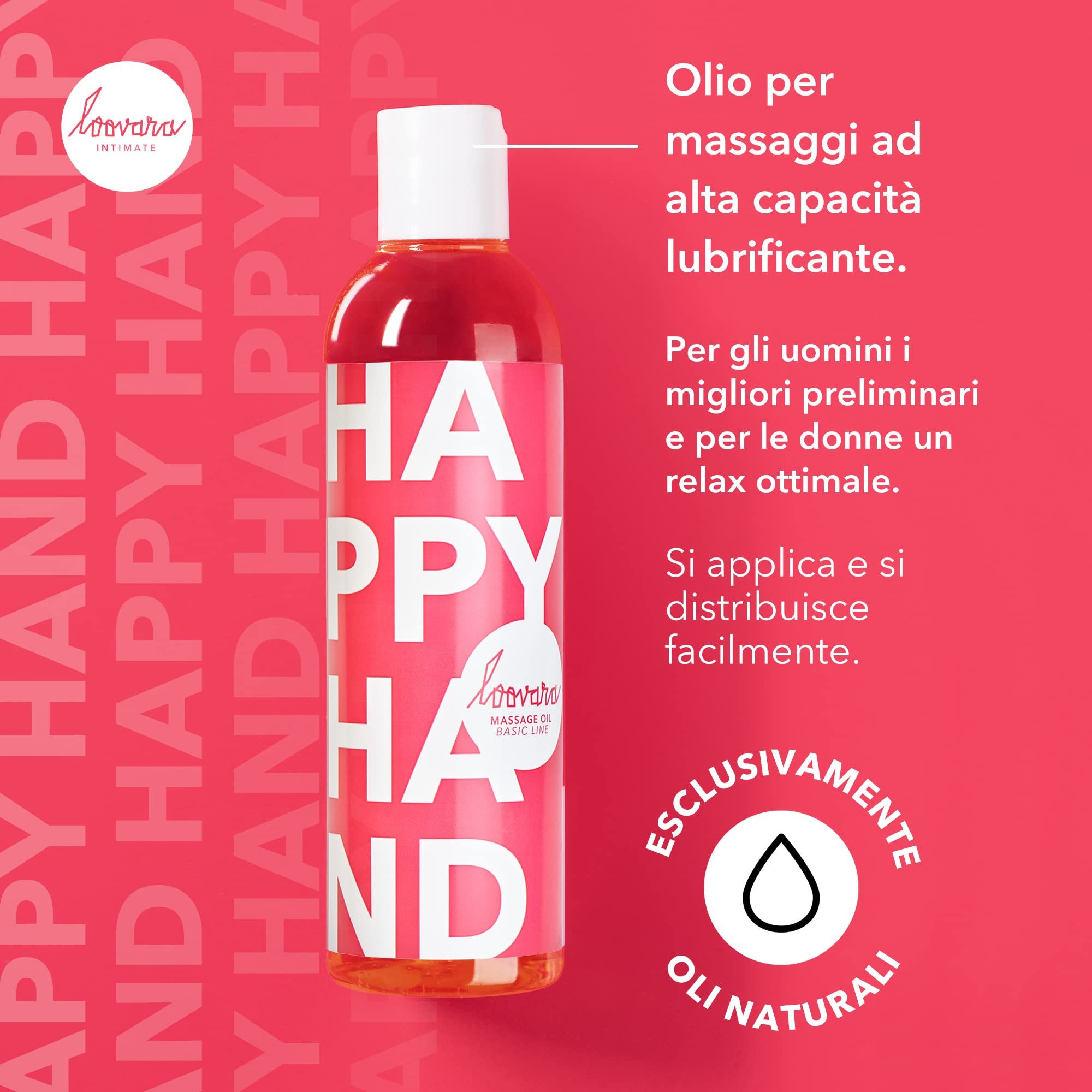 Loovara Happy Hand Massageöl Flasche mit Aufdruck 'HAPPY HAND'.