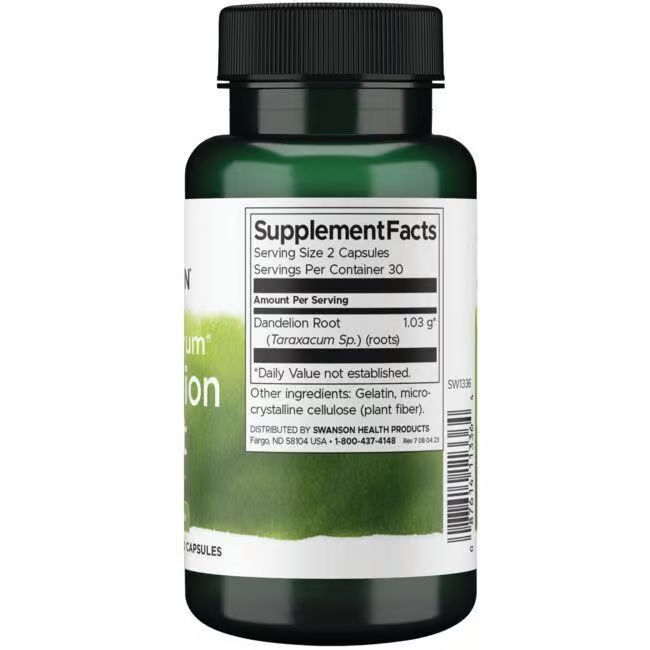 Rückseite der grünen Flasche. Aufschrift: Supplement Facts, Löwenzahnwurzel, 1,03 g, Zutaten, Swanson Health Products.