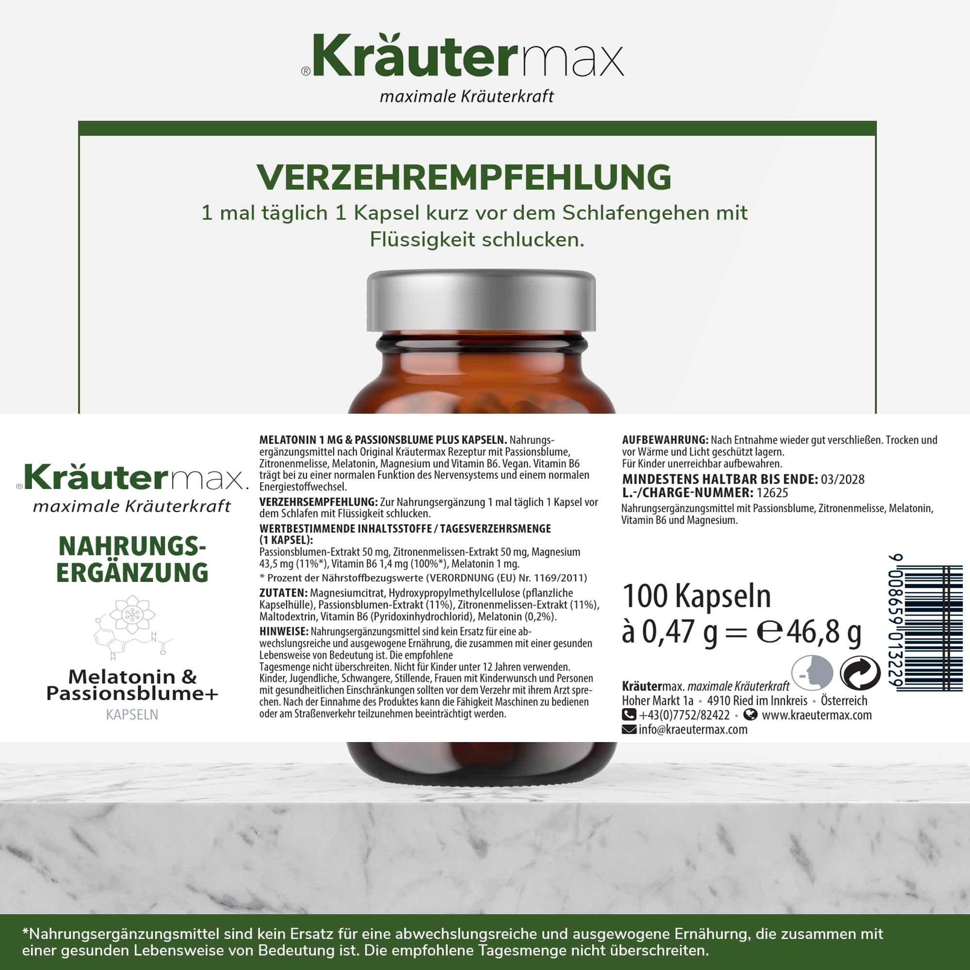 Rückseite der Kräutermax Kapseln-Verpackung. Informationen zu Inhaltsstoffen, Verzehrempfehlung und Mindesthaltbarkeit.