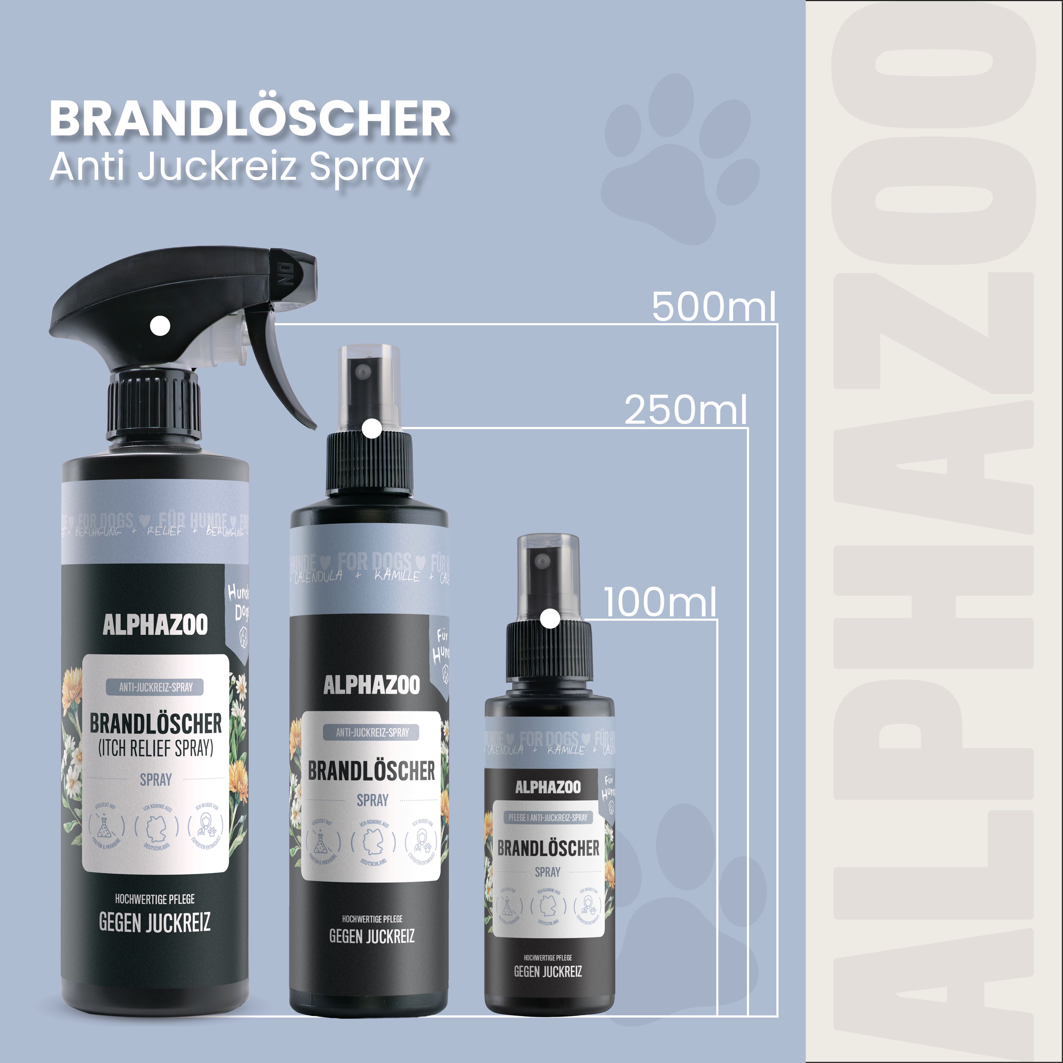 Drei Sprühflaschen in verschiedenen Größen. Aufschrift: ALPHAZOO, Brandlöscher, Anti Juckreiz Spray. Größenangaben: 100ml, 250ml, 500ml.