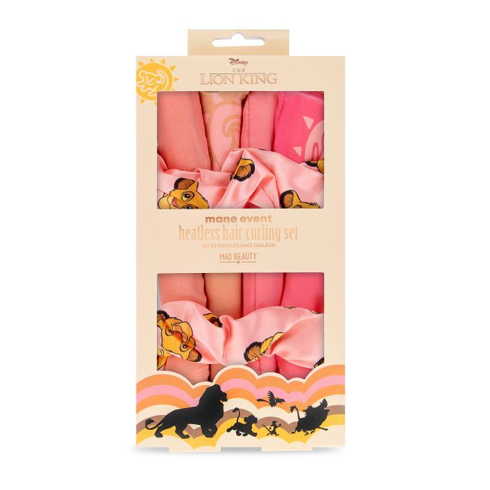 Set zum Locken der Haare. Verpackung mit rosa Lockenwicklern und Stoff mit Löwen-Motiv. Marke: Mad Beauty.