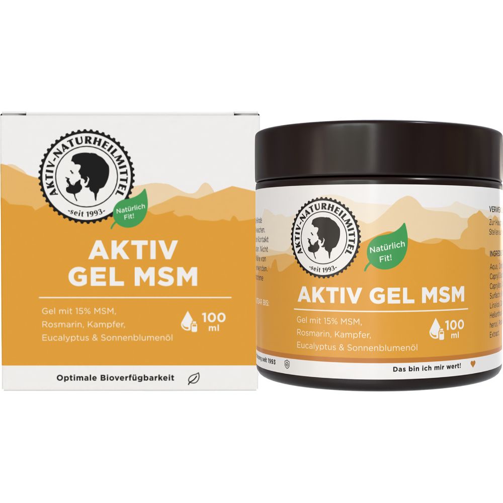 Aktiv Gel MSM Dose und Verpackung. Dose mit Etikett, Logo, Produktname, Inhaltsstoffen und 100 ml. "Natürlich Fit!"