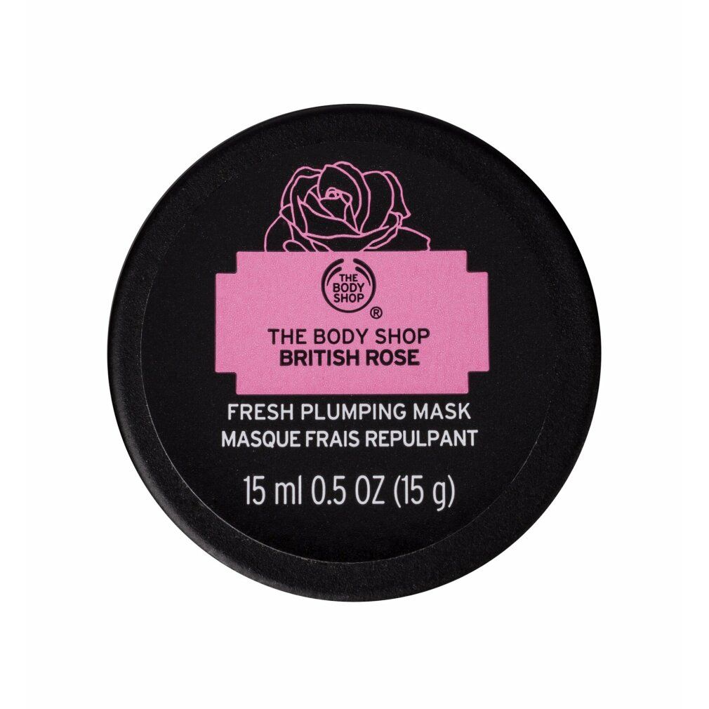 Runder, schwarzer Tiegel mit rosa Etikett. Darauf Logo, Schriftzug „THE BODY SHOP BRITISH ROSE“ und Produktbezeichnung.