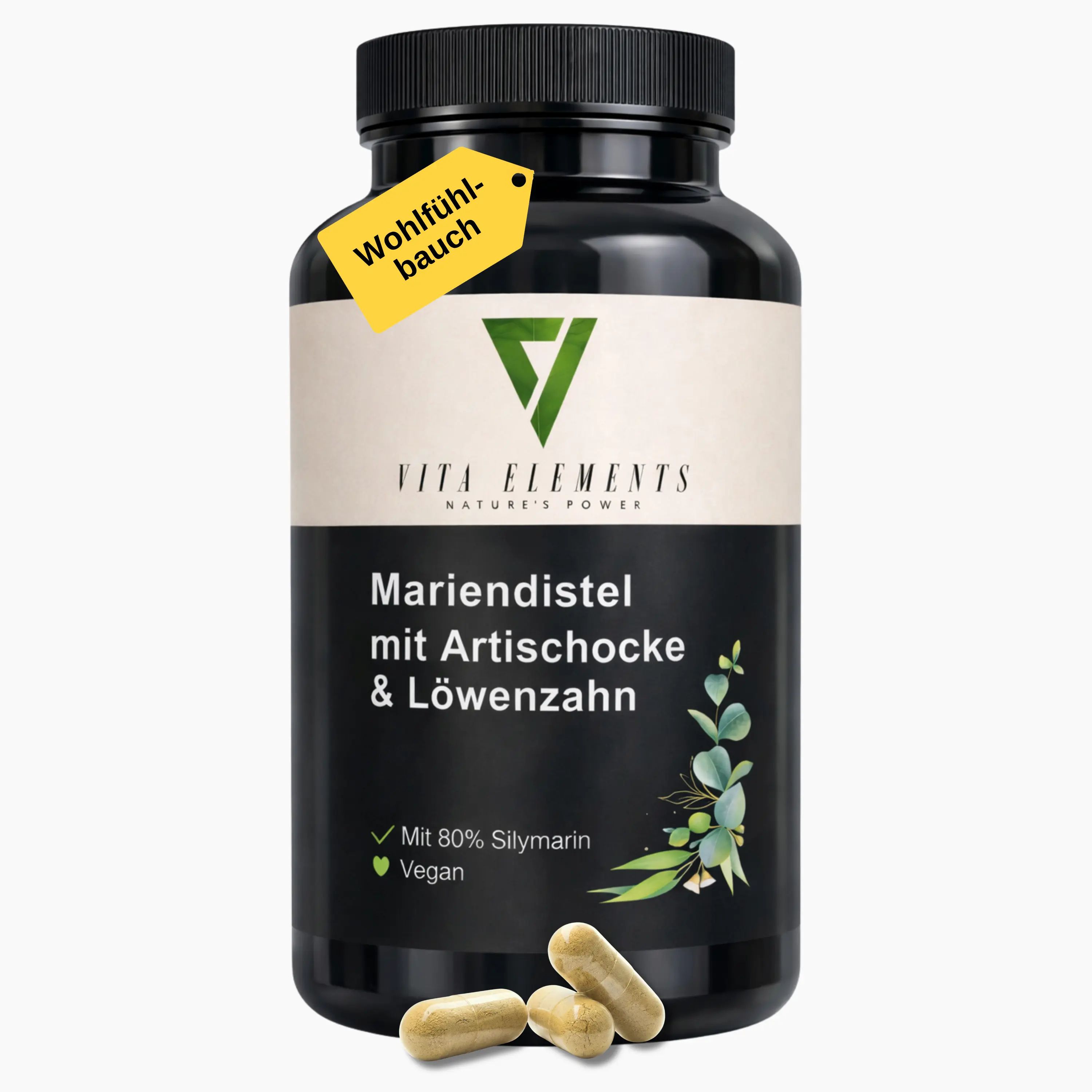 Schwarze Dose mit Vita Elements Mariendistel Kapseln. Gelber Anhänger mit "Wohlfühl-bauch".