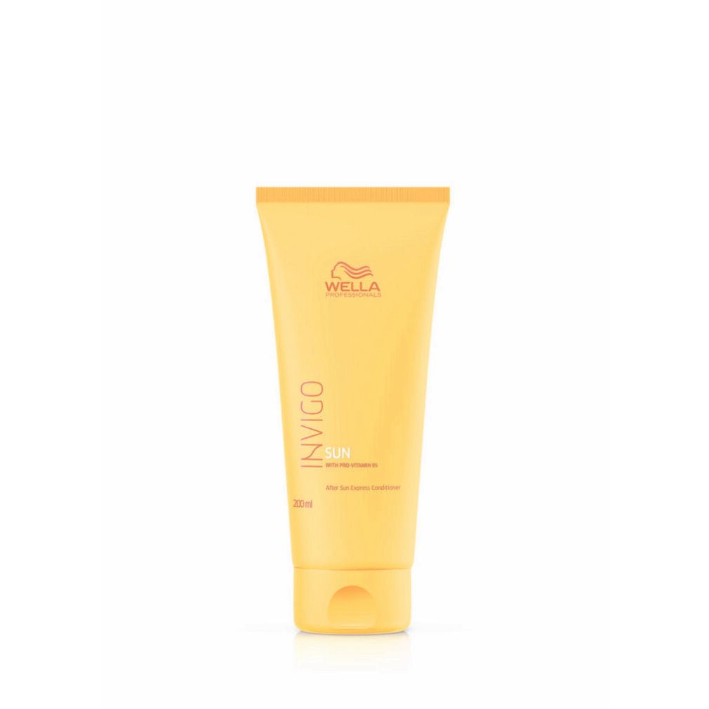Gelbe Tube mit Wella Invigo Sun Conditioner. Produktname, Schriftzug und Logo sichtbar. 200ml.