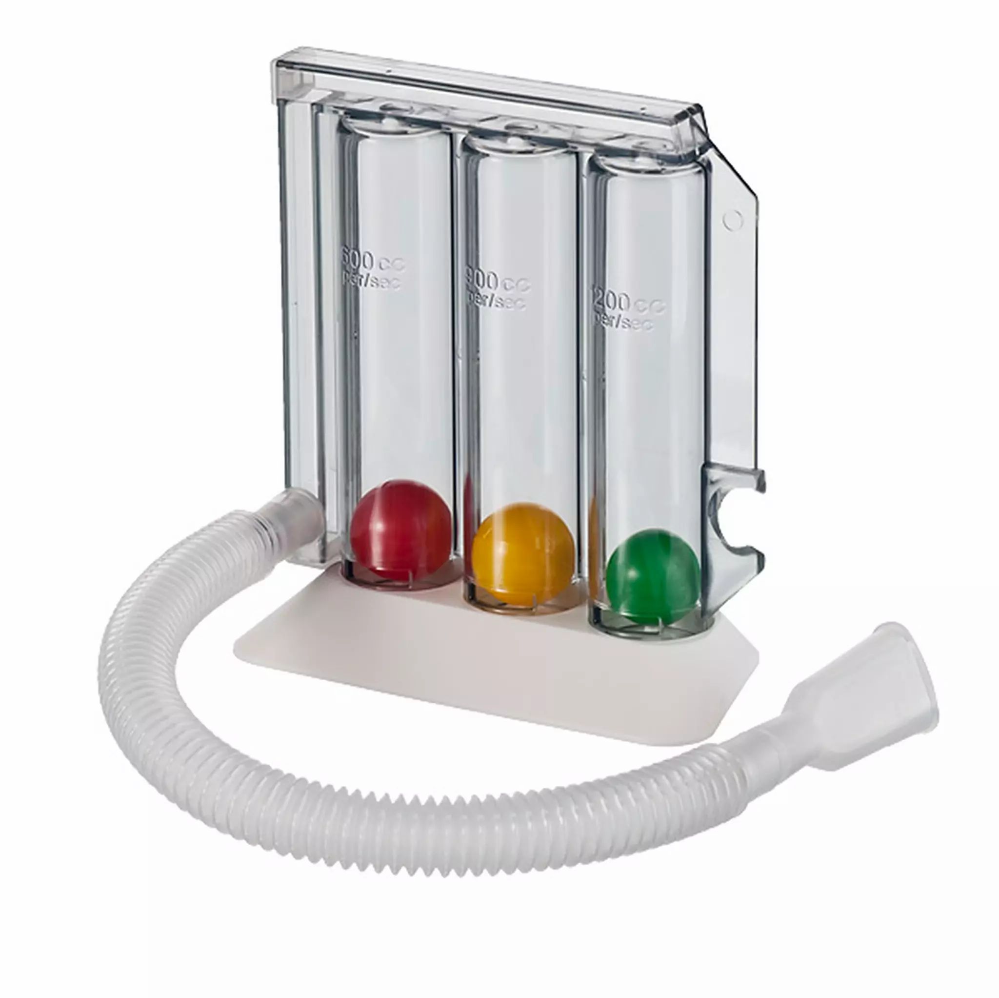 Ein dreikammeriger Spirometer mit drei farbigen Kugeln (rot, gelb, grün) und einem Schlauch mit Mundstück.