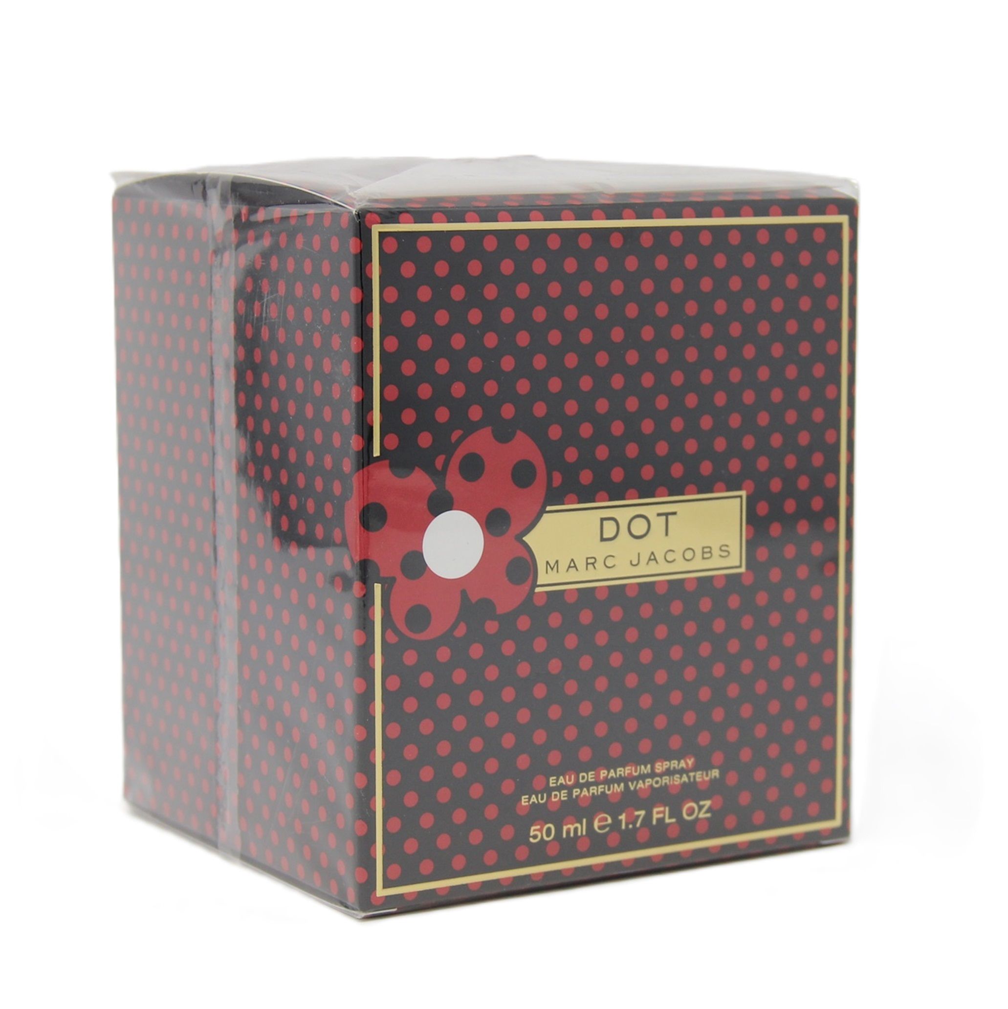 Verpackung von Marc Jacobs Dot Eau de Parfum. Schwarzer Hintergrund mit roten Punkten. Roter Blumen-Akzent. Goldener Schriftzug: DOT, MARC JACOBS.