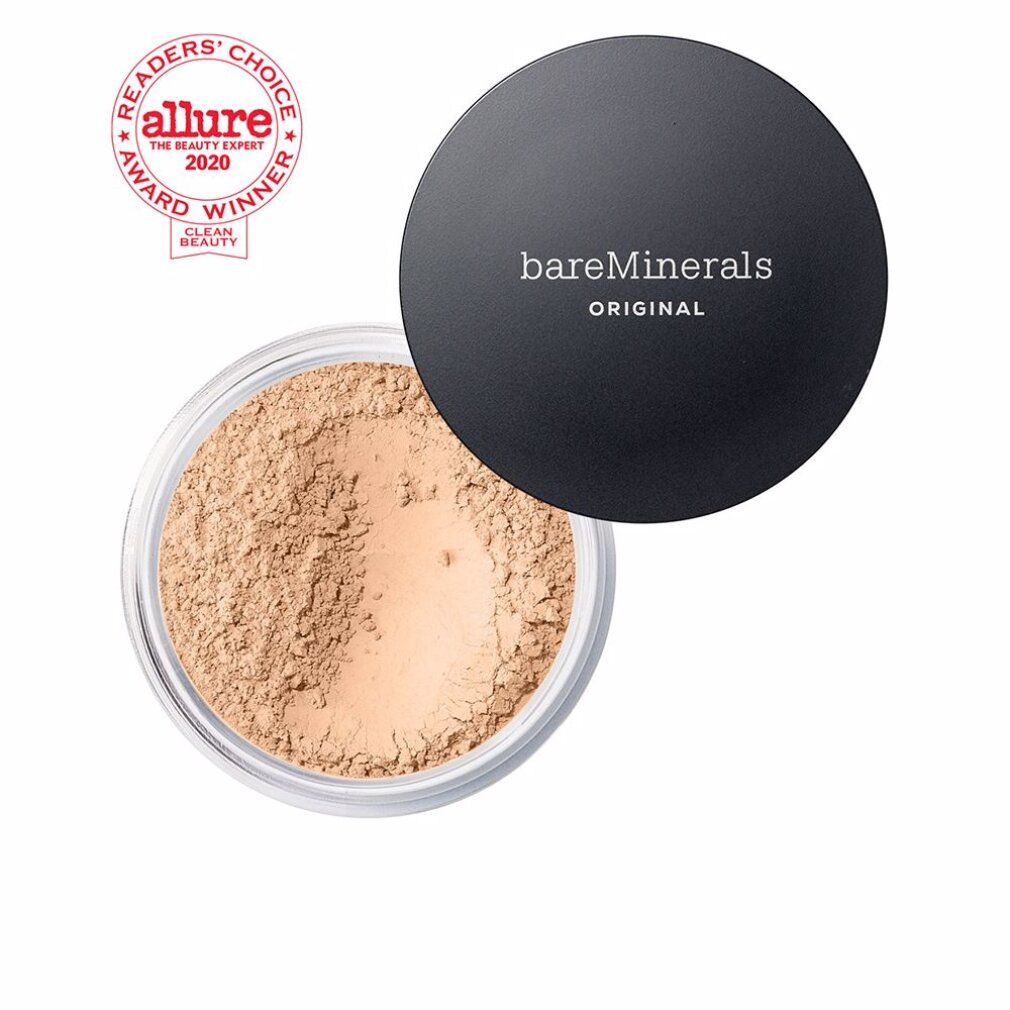 Beige Puder in einem transparenten Tiegel mit schwarzem Deckel. Auf dem Deckel steht "bareMinerals Original". Links ein Award-Logo.