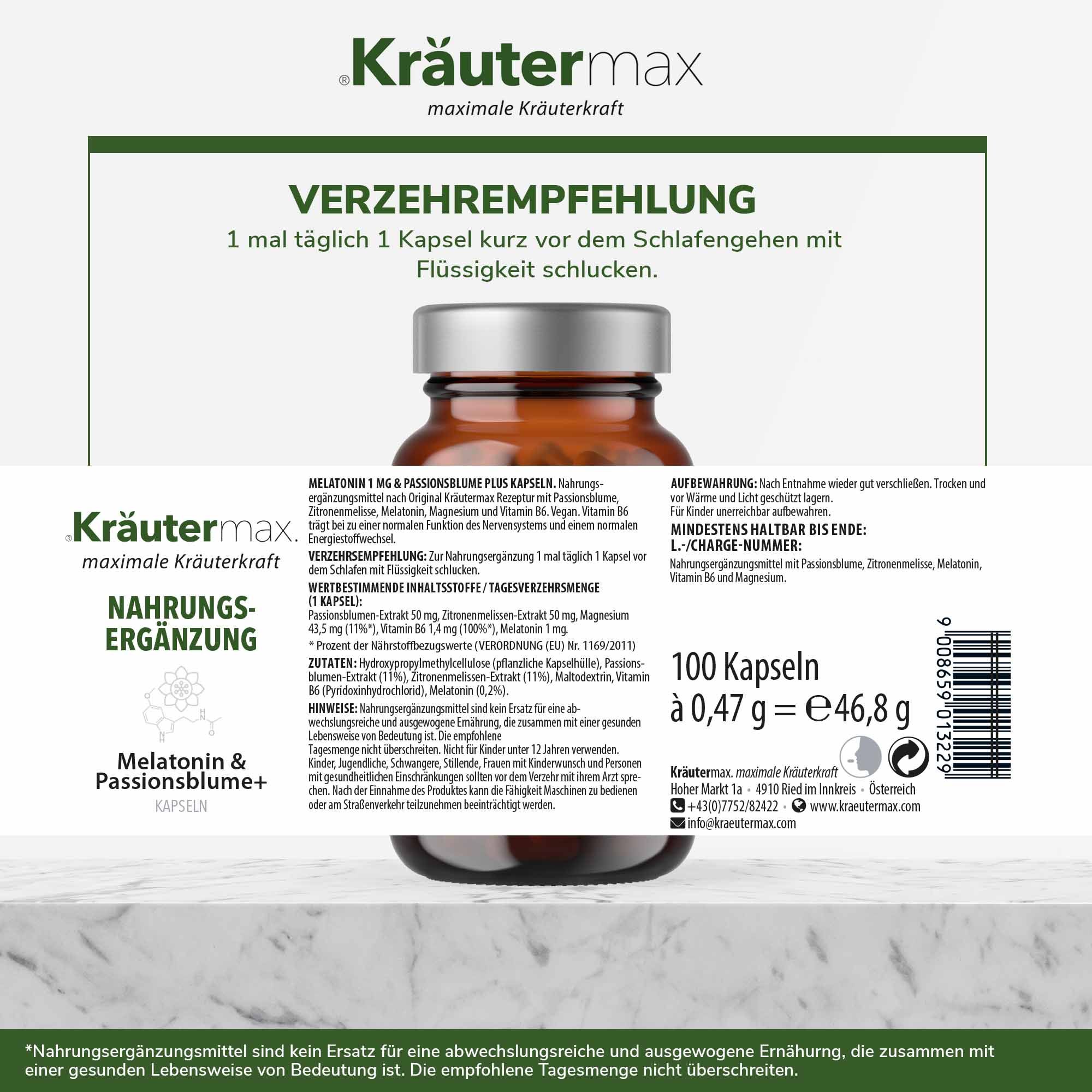 Kräutermax Melatonin und Passionsblume Kapseln