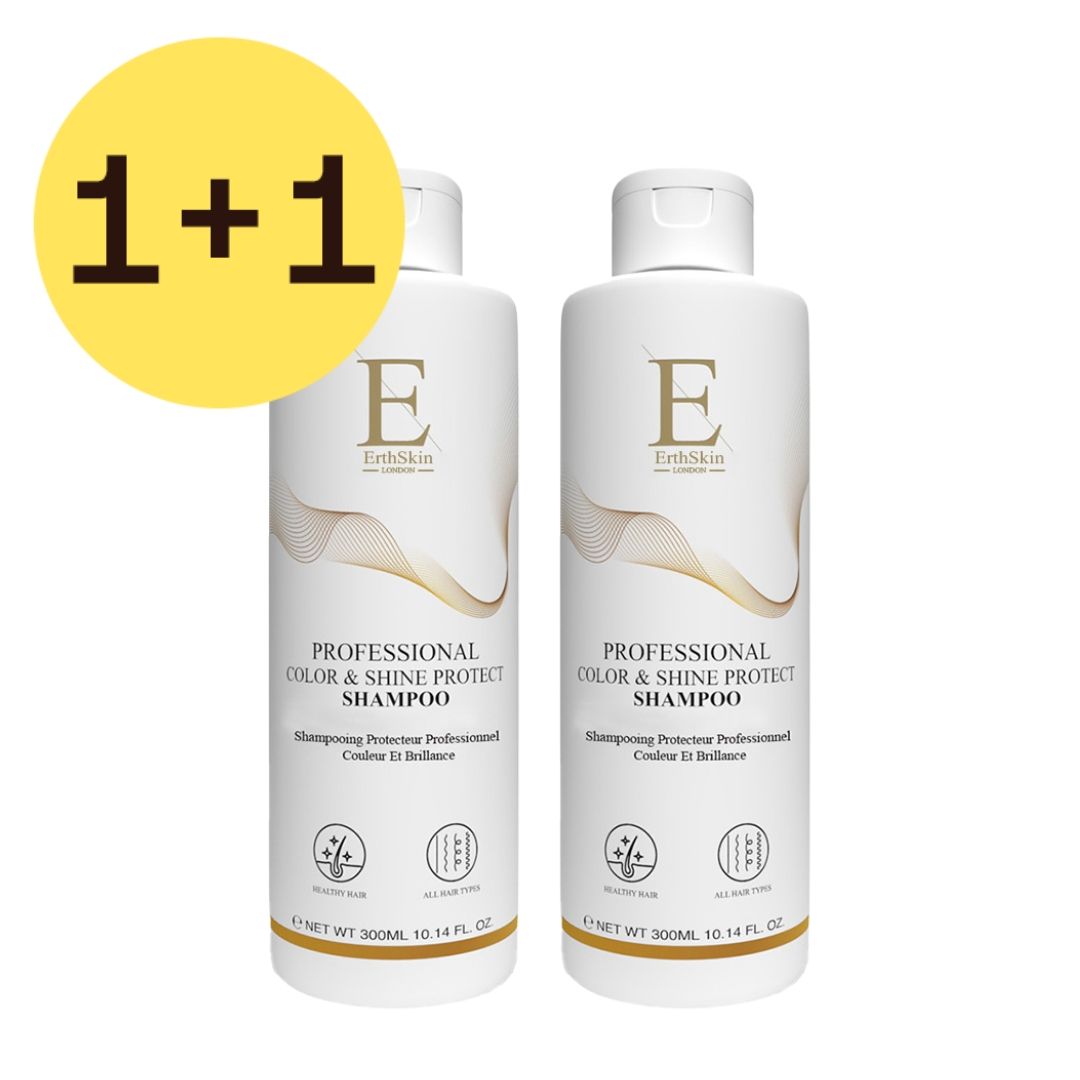 Zwei weiße Shampoo-Flaschen mit goldfarbenen Etiketten. Aufschrift: Professional Color & Shine Protect Shampoo. Logo: ErthSkin. 1+1 Angebot.