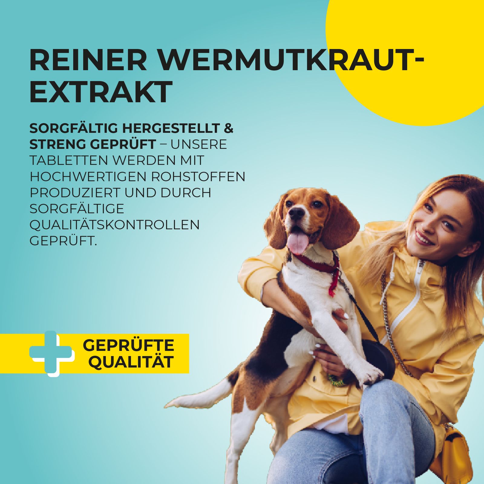 Frau mit Hund. Text: Reiner Wermutkraut-Extrakt. Sorgfältig hergestellt & streng geprüft. Geprüfte Qualität.