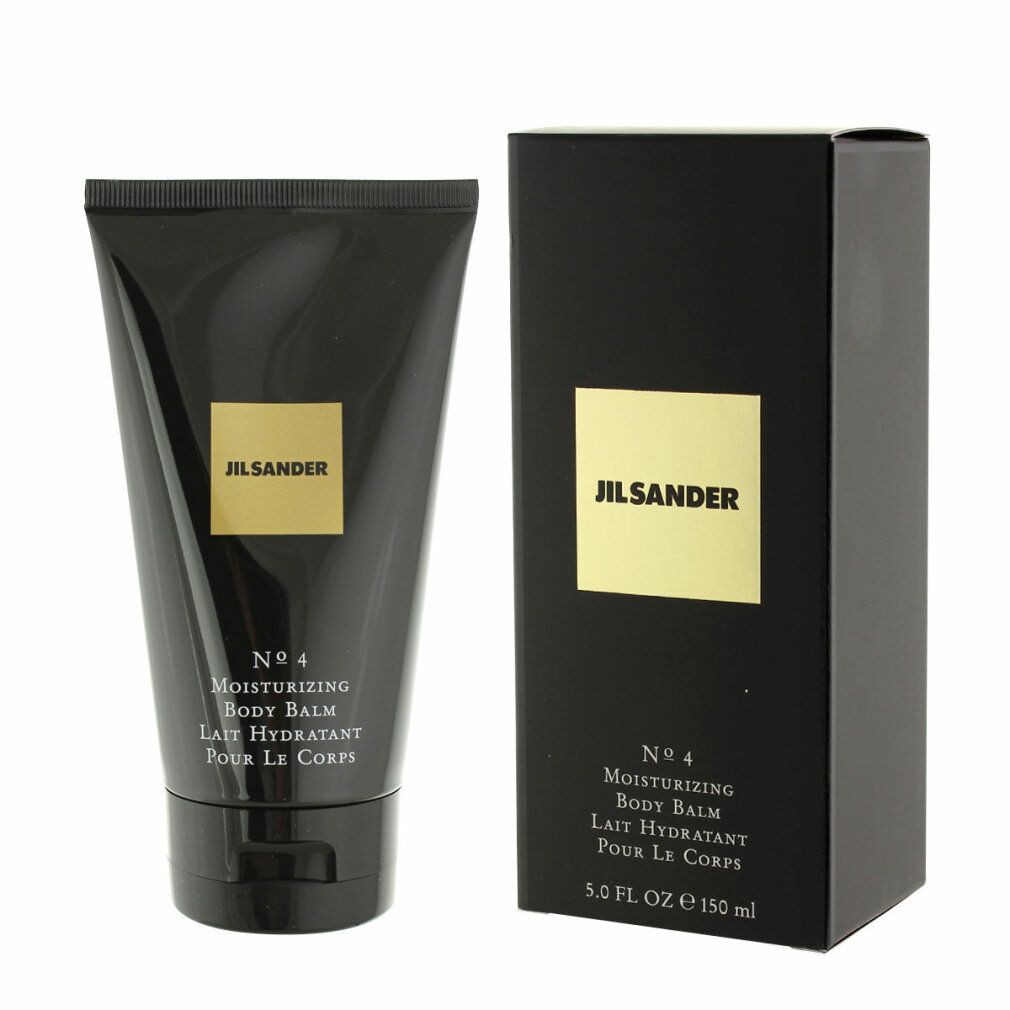 Schwarze Tube und Schachtel. Goldfarbenes Etikett. Aufschrift: Jil Sander, No. 4, Moisturizing Body Balm. Schwarzer Verschluss.