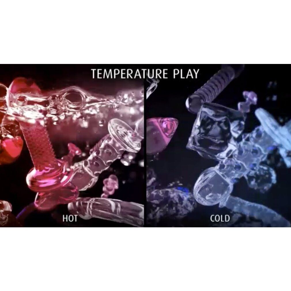 Glasmassagegeräte in heißem und kaltem Wasser. Aufschrift: HOT und COLD.