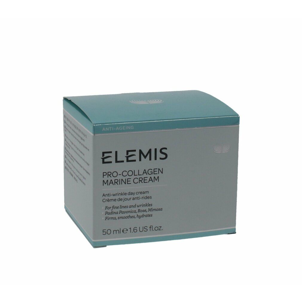 Elemis Pro-Collagen Marine Cream-Verpackung. Rechteckige Schachtel in Blau- und Weißtönen. Text: Anti-Aging, Pro-Collagen Marine Cream, 50 ml.