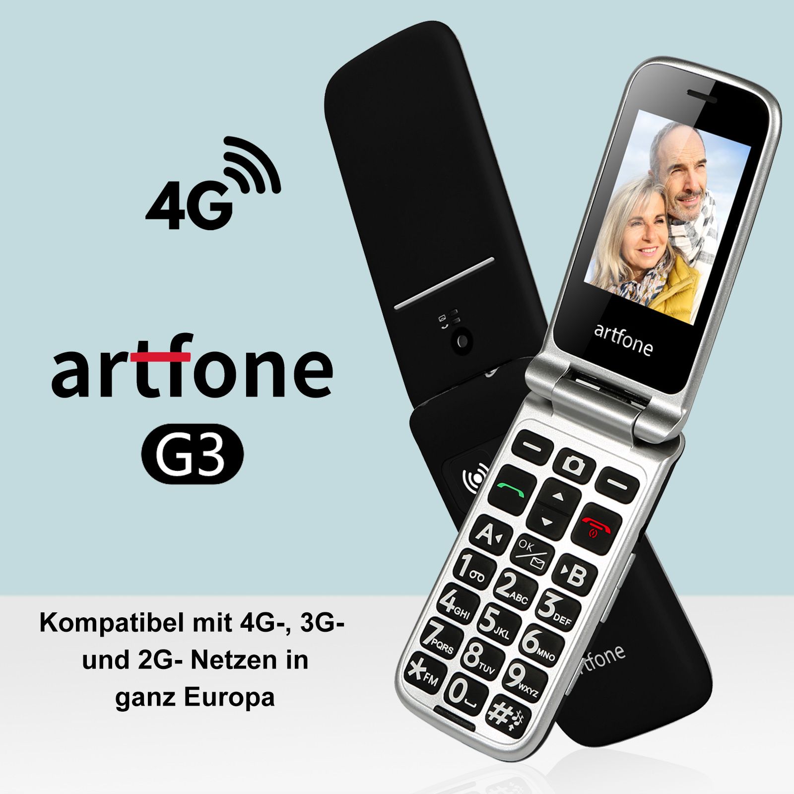 artfone G3 4G Seniorenhandy | Klapphandy mit SOS-Taste Ladestation Kamera & großem Display | Schwarz