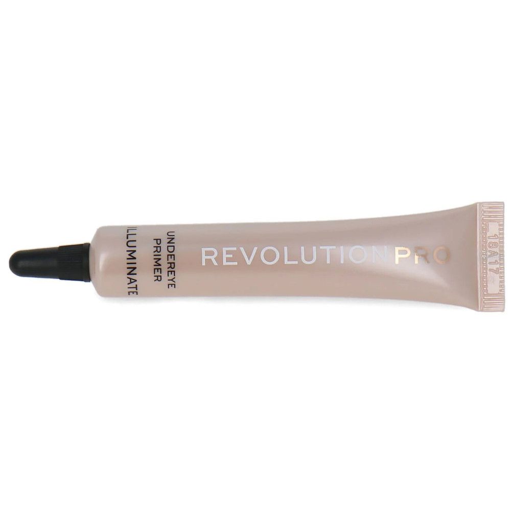 Beige Tube mit schwarzer Spitze. Aufschrift: REVOLUTION PRO, UNDEREYE PRIMER, ILLUMINATE.