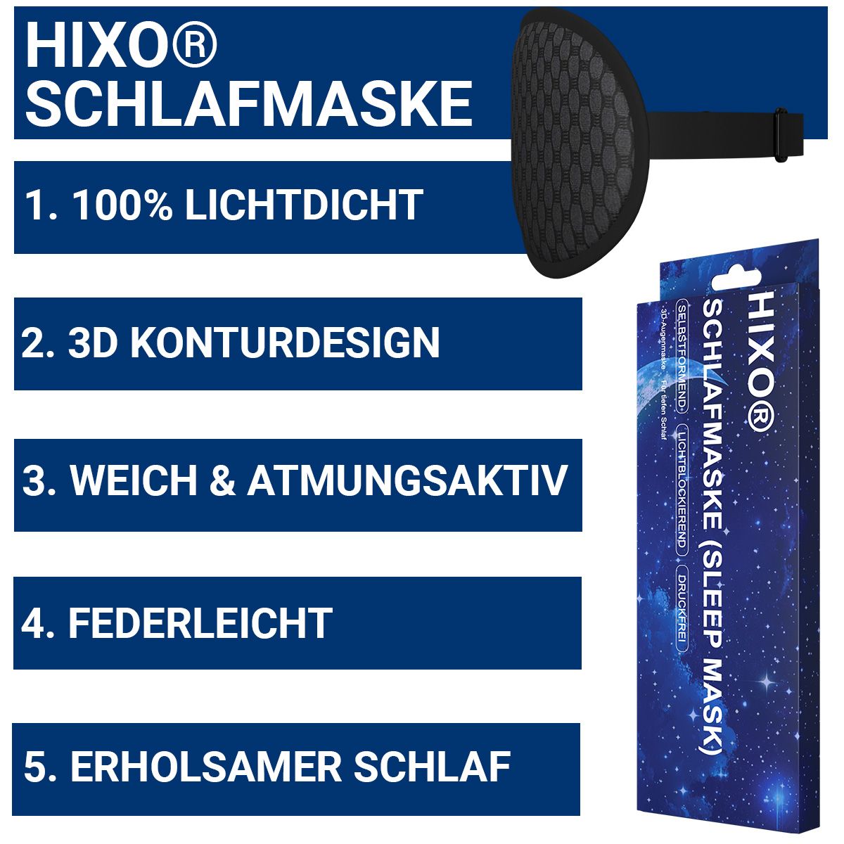 Schlafmaske, schwarz, mit 3D-Konturdesign. Text: 100% lichtdicht, 3D-Konturdesign, weich & atmungsaktiv, federleicht, erholsamer Schlaf.