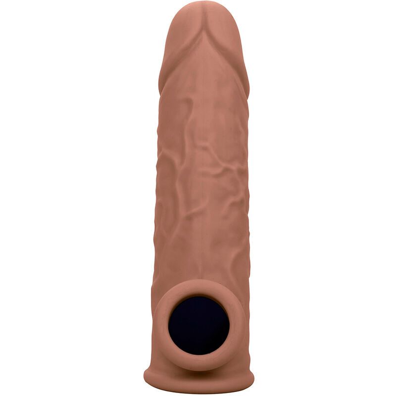 Hautfarbene Penisverlängerung mit realistischer Textur und Öffnung. Produkt in aufrechter Position.