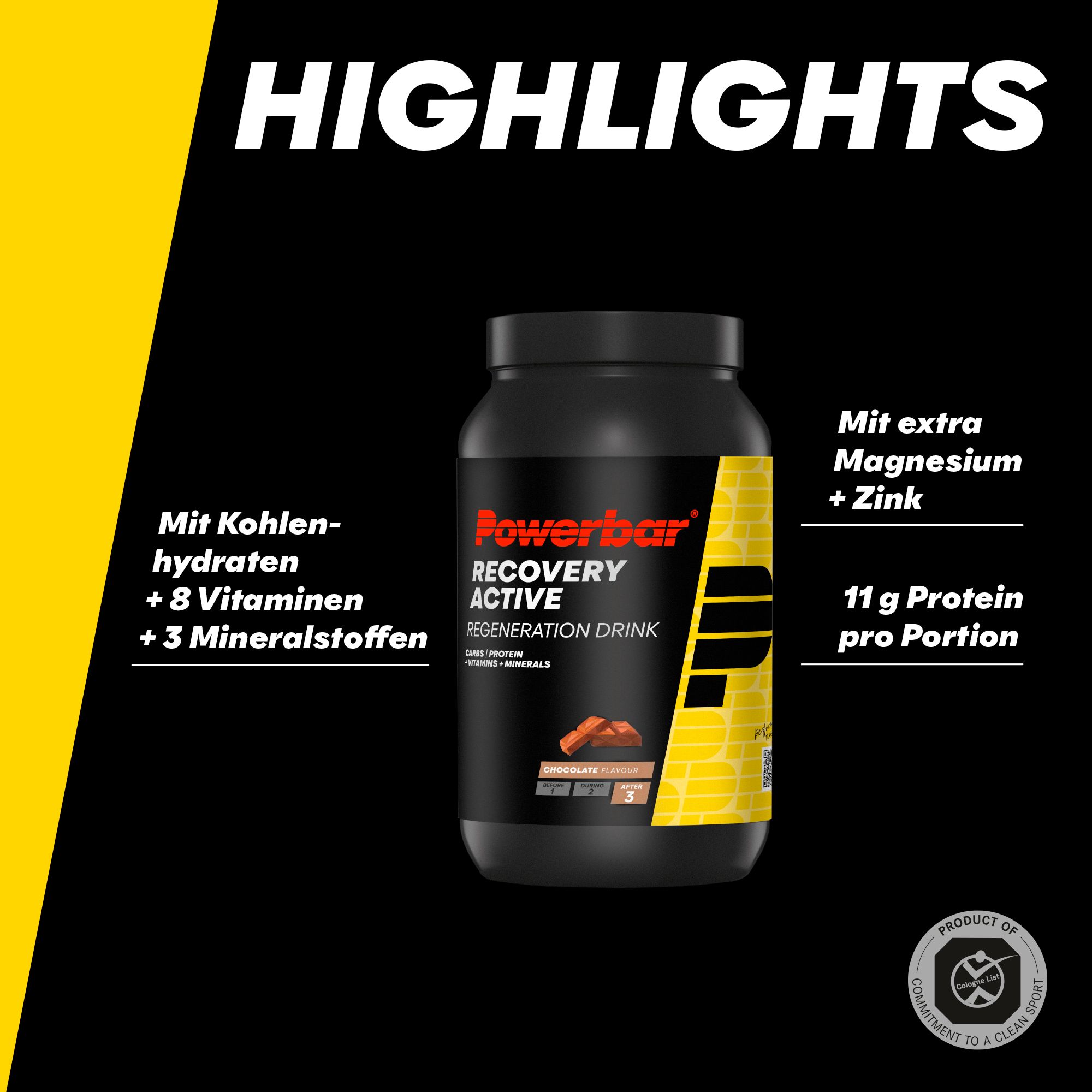 Schwarze Dose Powerbar Recovery Active. Text: Mit Kohlenhydraten, Vitaminen, Mineralien. Mit Magnesium und Zink. 11g Protein pro Portion.
