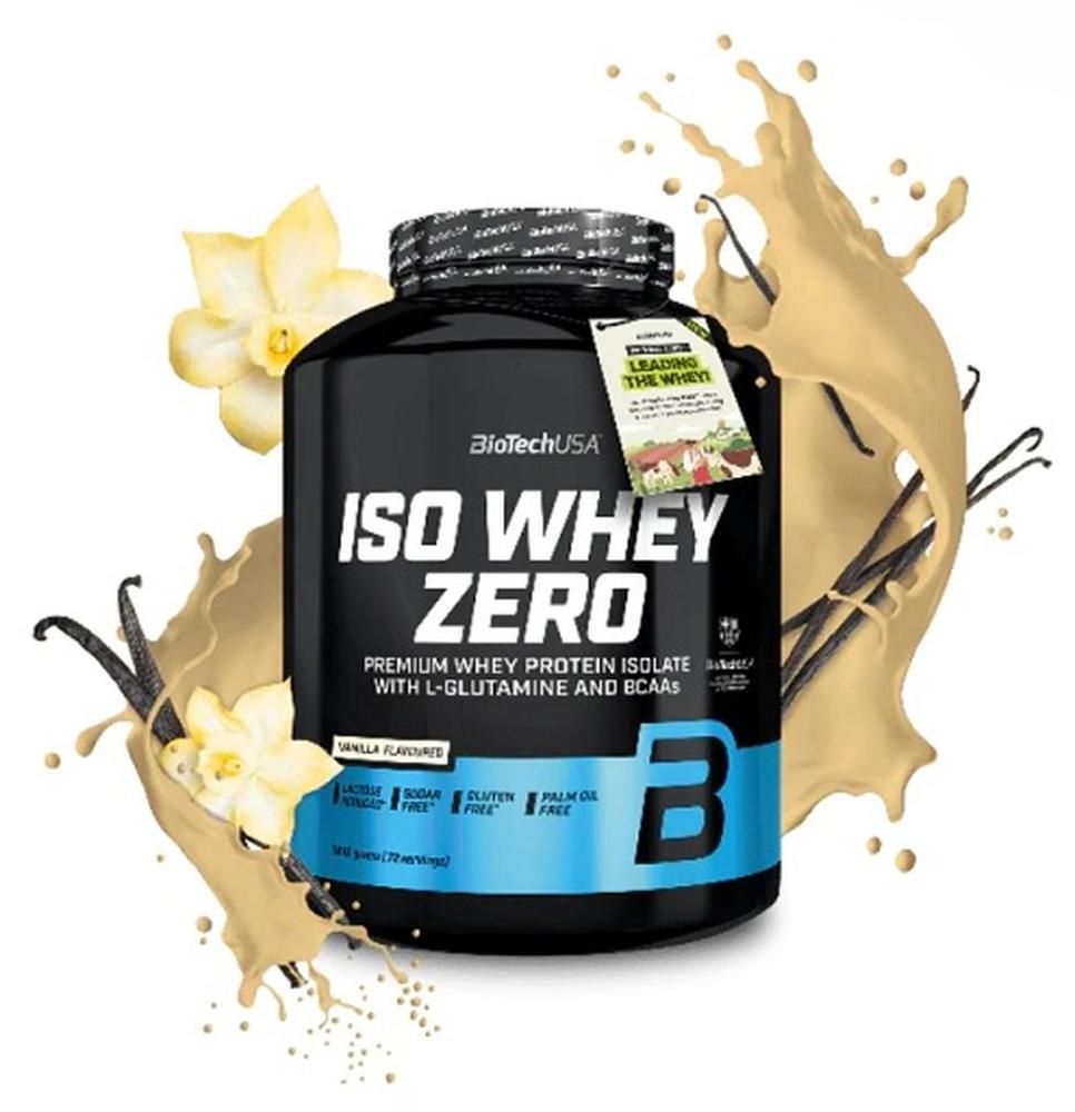 Schwarze Dose BioTechUSA Iso Whey Zero, blaue Akzente, Vanille-Aroma. Mit Vanilleblüten und -schoten dekoriert.