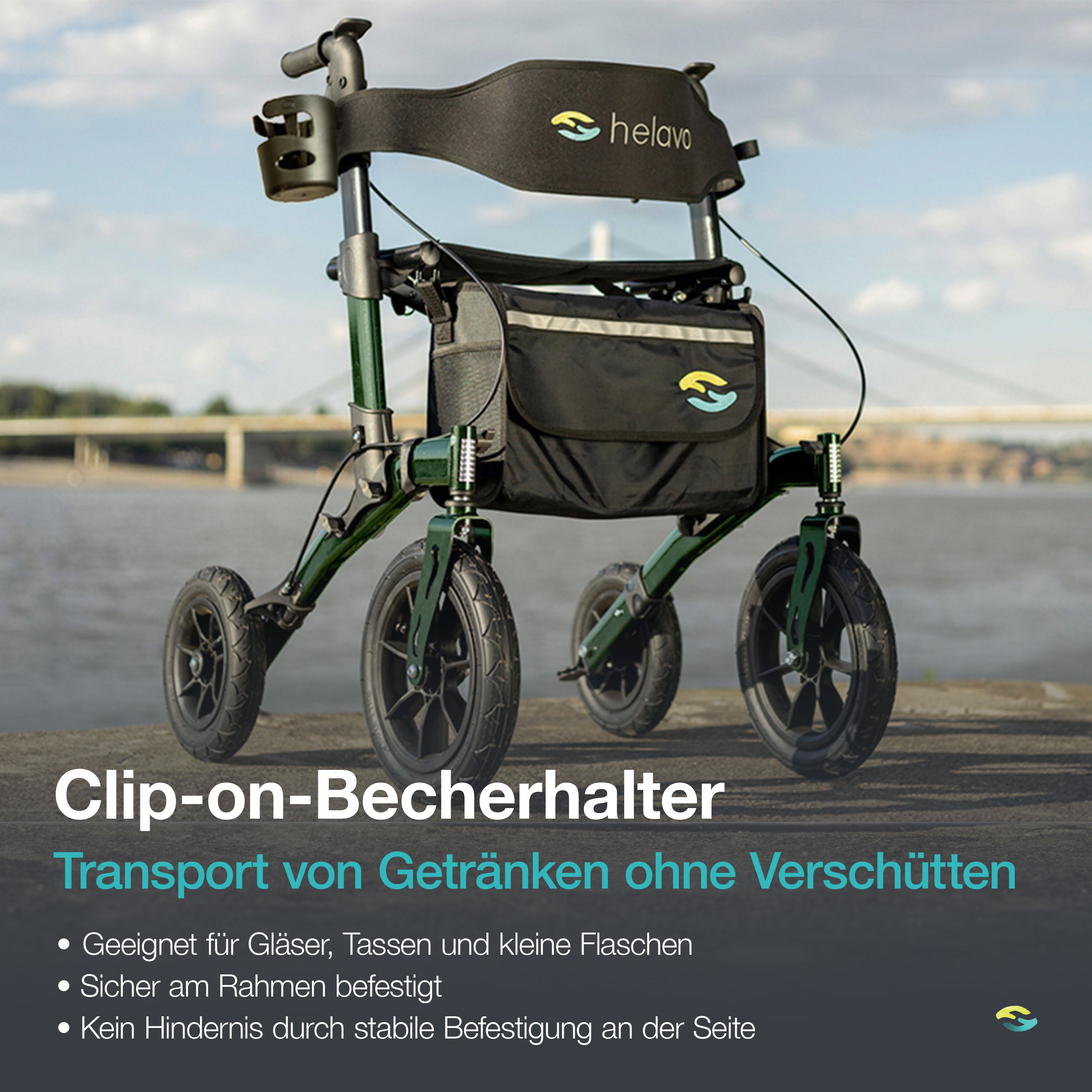 Grüner Rollator mit Clip-on-Becherhalter am Rahmen. Geeignet für Gläser, Tassen und kleine Flaschen.