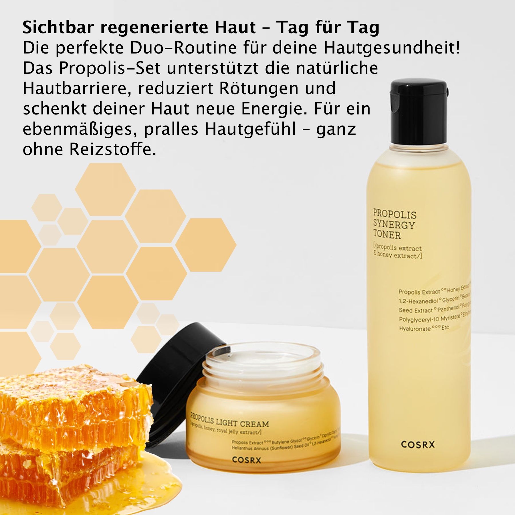 Toner- und Cremeflasche mit Honigwaben. Aufschrift: Propolis Synergy Toner, Propolis Light Cream. Gelber Hintergrund.