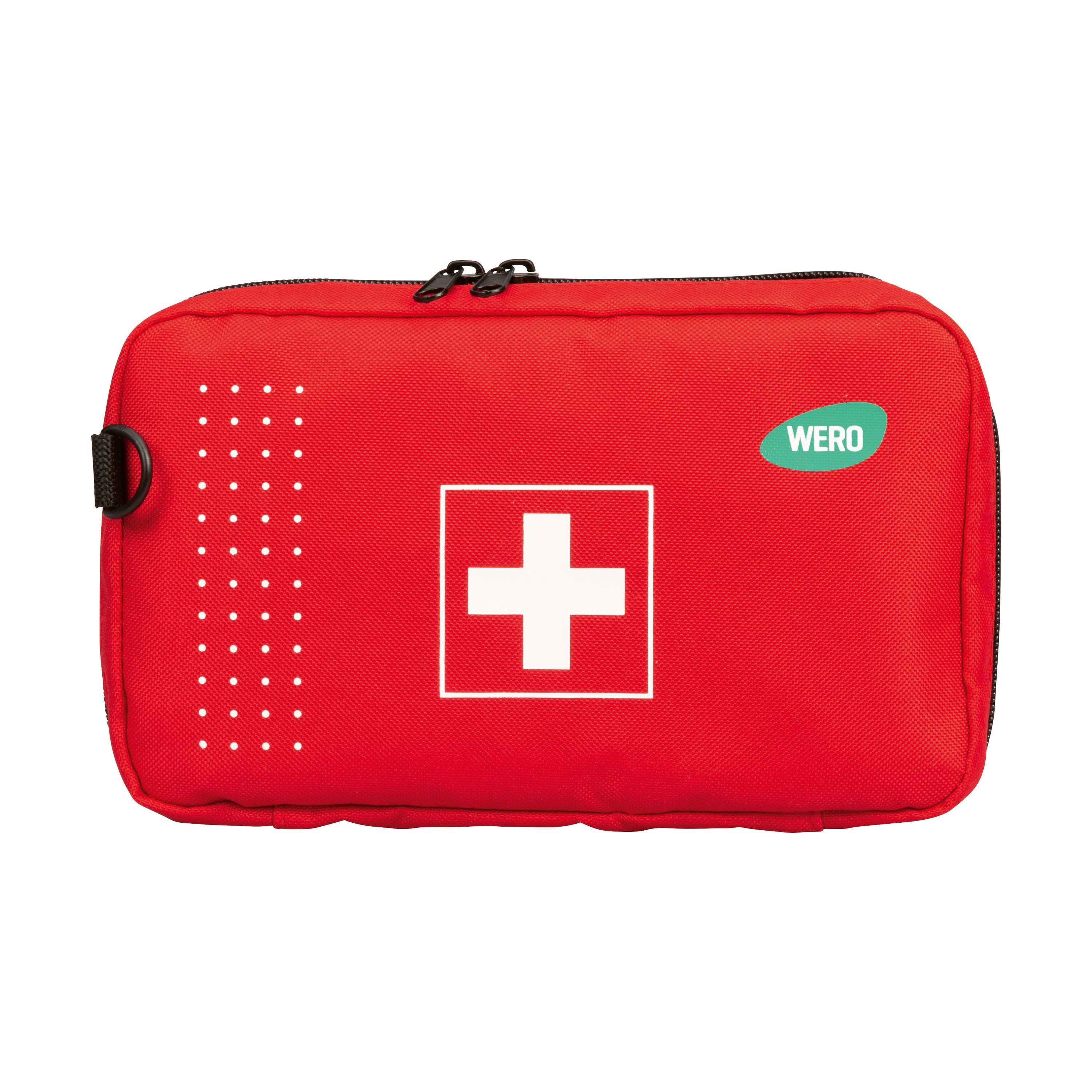 Rote Erste-Hilfe-Tasche mit weißem Kreuz, Reißverschluss und Trageschlaufe. Logo "WERO".