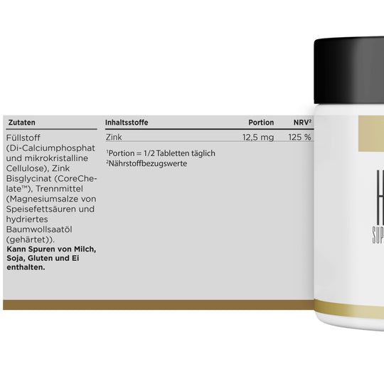 Weiße Dose mit schwarzem Deckel. Aufschrift: HBN SUPPLEMENTS. Text: Zink Bisglycinat. Aufdruck: Copper Chelate.