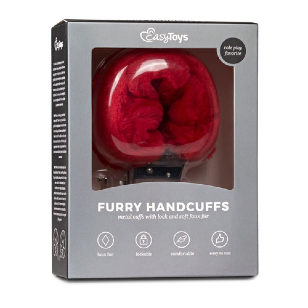 Verpackung mit roten, plüschigen Handschellen. Sichtfenster. Aufschrift: Furry Handcuffs. Marke: EasyToys.