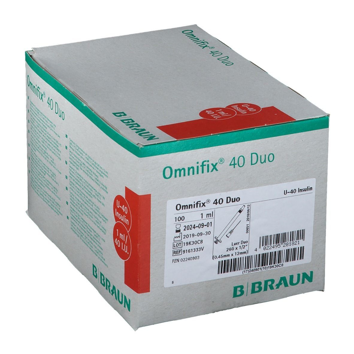 Omnifix 40 Duo-Verpackung. Weiß-grauer Karton mit roter Markierung. Text: U-40 Insulin, 1 ml/40 I.U. B. Braun-Logo.