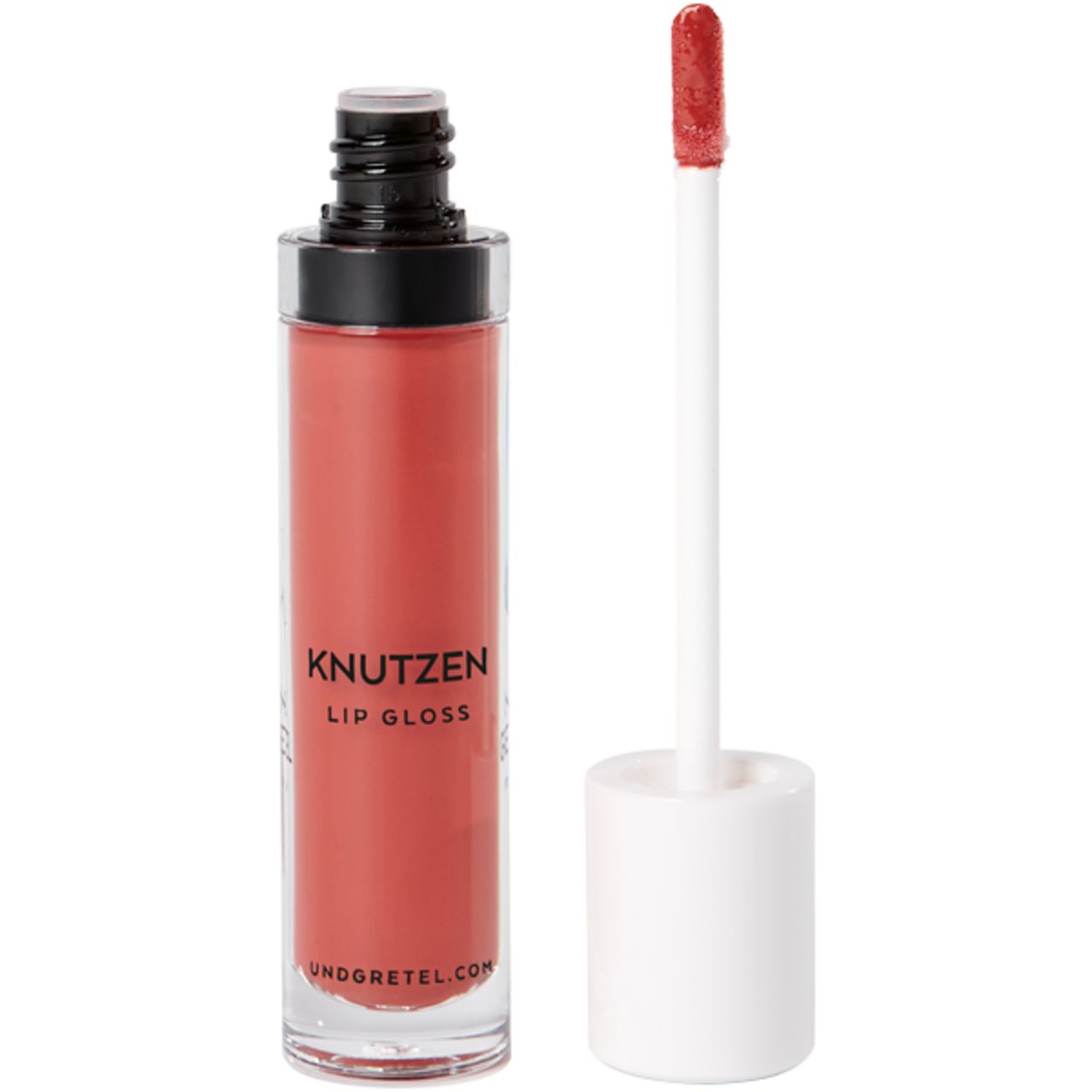Lipgloss-Flakon mit Applikator. Der Lipgloss ist korallenfarben. Auf dem Flakon steht 'KNUTZEN LIP GLOSS'.
