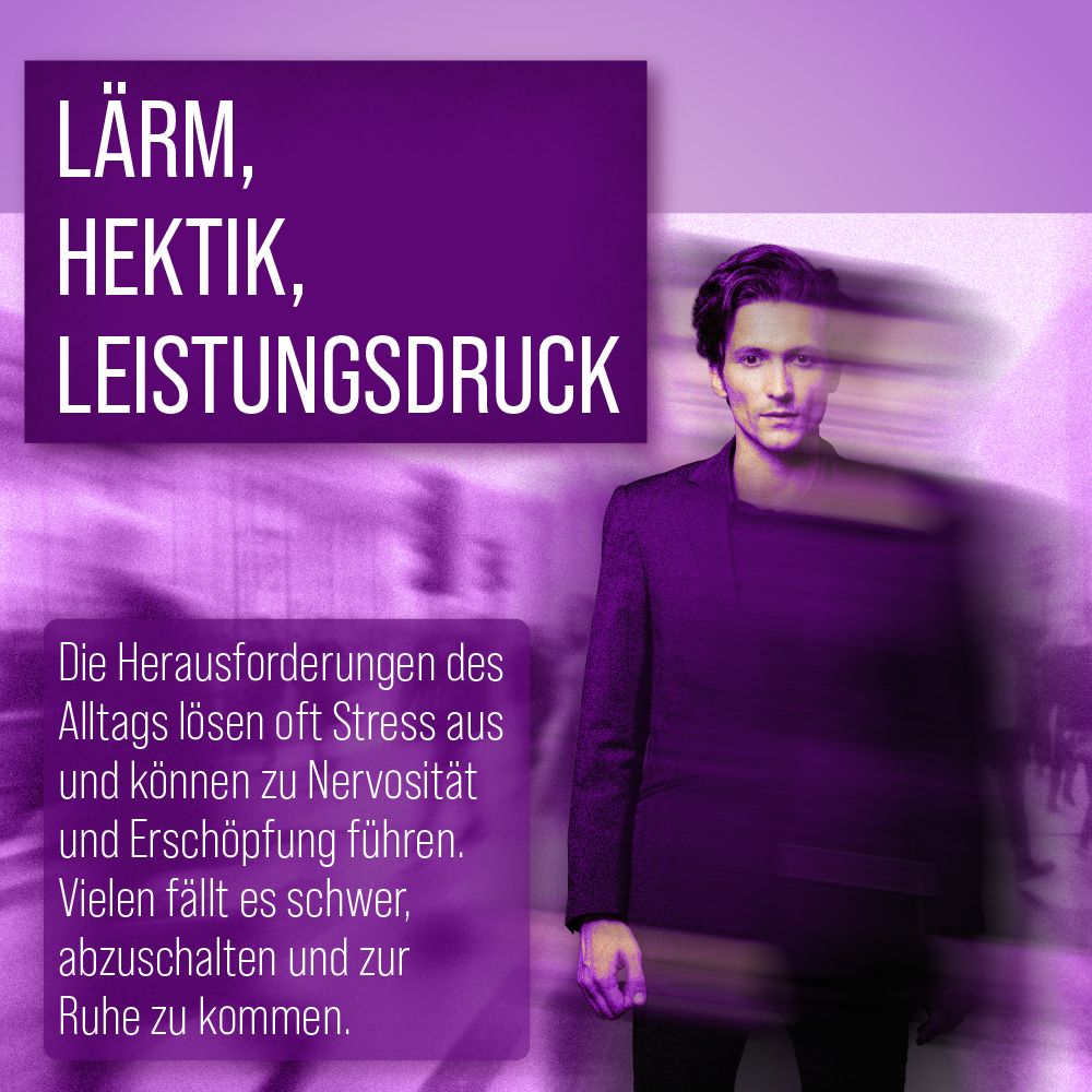 Mann vor verschwommenem Hintergrund. Text: Lärm, Hektik, Leistungsdruck. Text: Herausforderungen des Alltags lösen Stress aus.