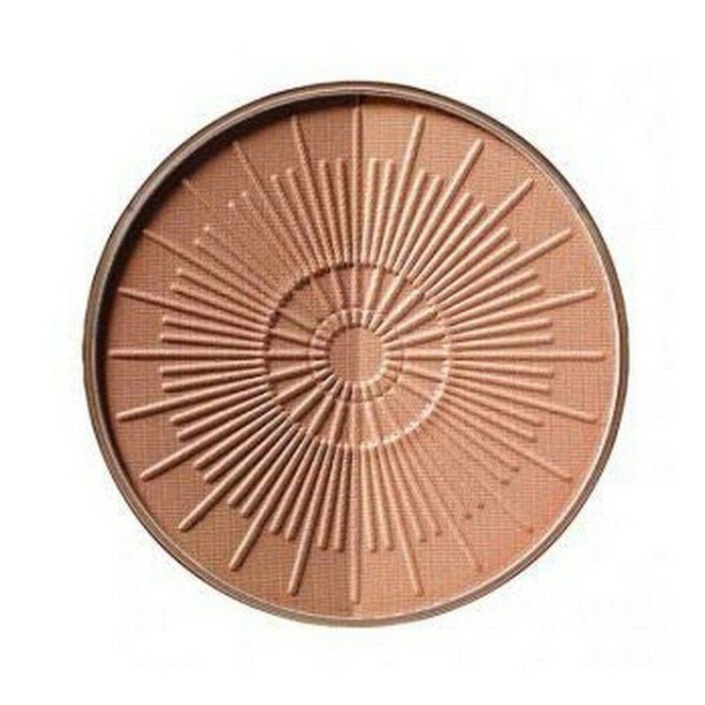 Runder Bronzer-Refill. Gebräunte Farbe mit Sonnenstrahlen-Muster. Brauner Rand.