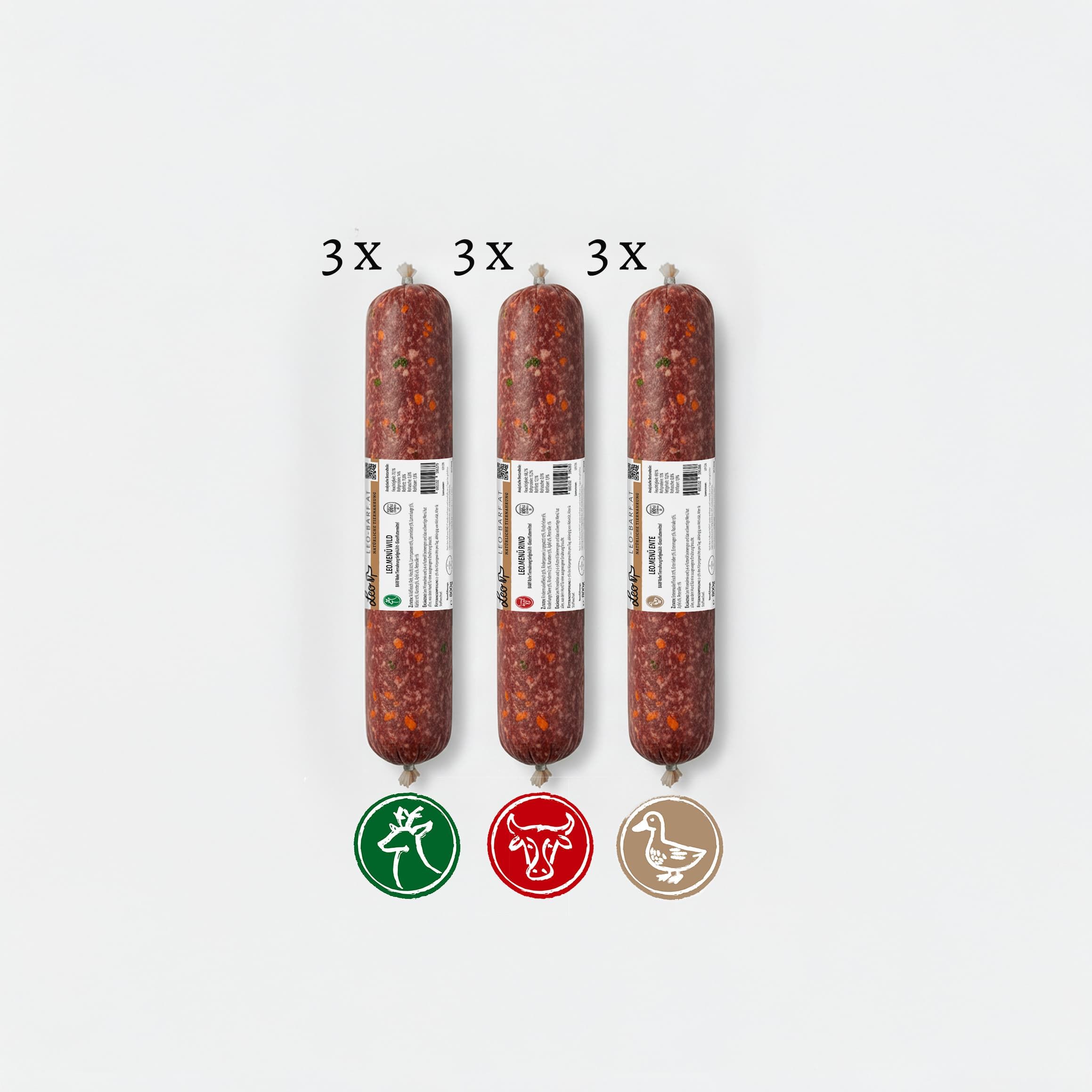 Leo Barf Probierpaket Vollwert-Rollen – Rind · Ente · Wild