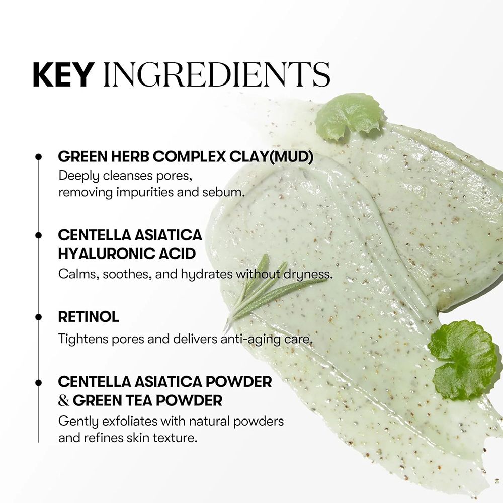 Text mit Schlüsselzutaten: Green Herb Complex Clay, Centella Asiatica, Hyaluronsäure, Retinol, Centella Asiatica & Grüntee-Pulver.