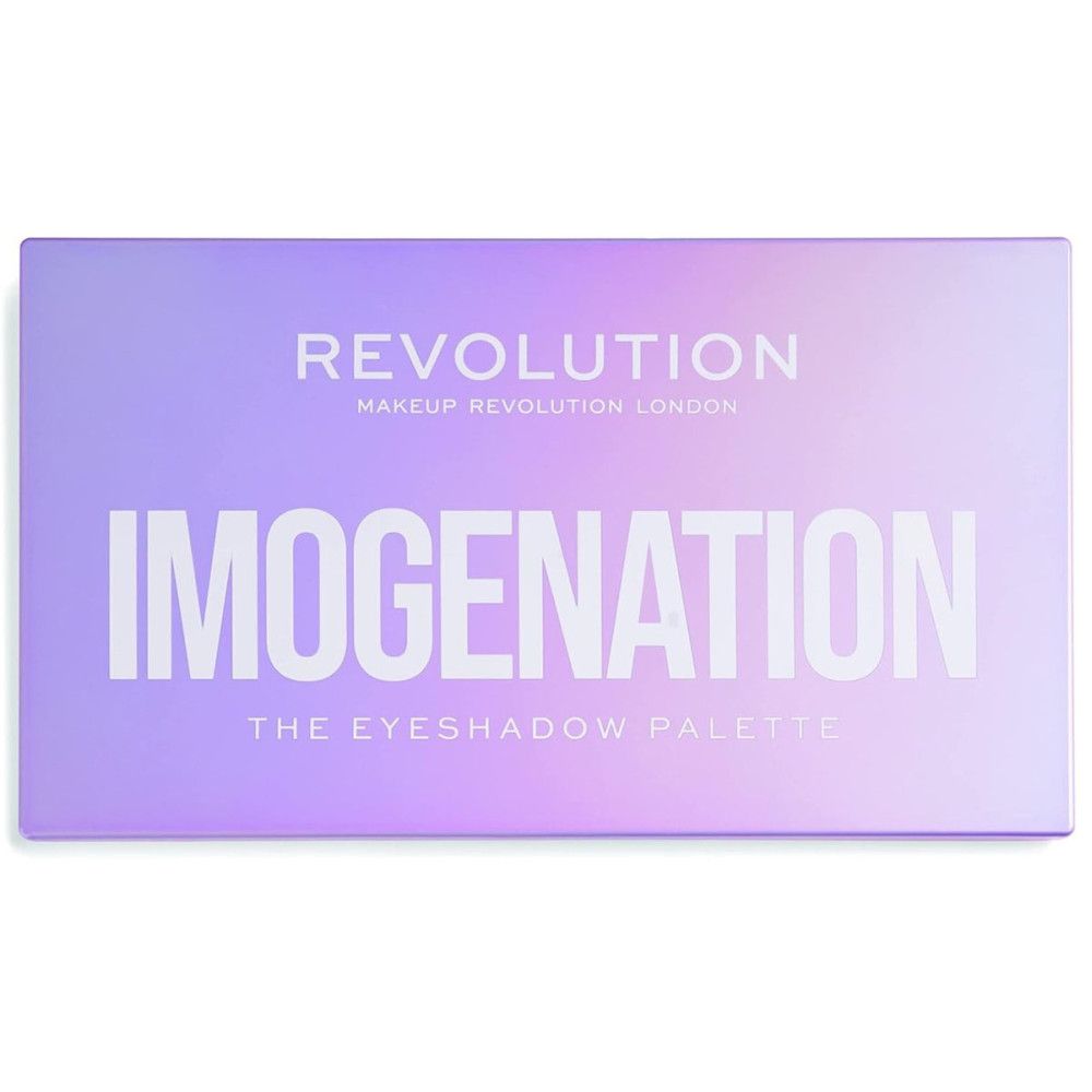 Lidschattenpalette mit Aufschrift "IMOGENATION". Marke: Makeup Revolution. Farbverlauf von Lila nach Weiß. Rechteckige Form.