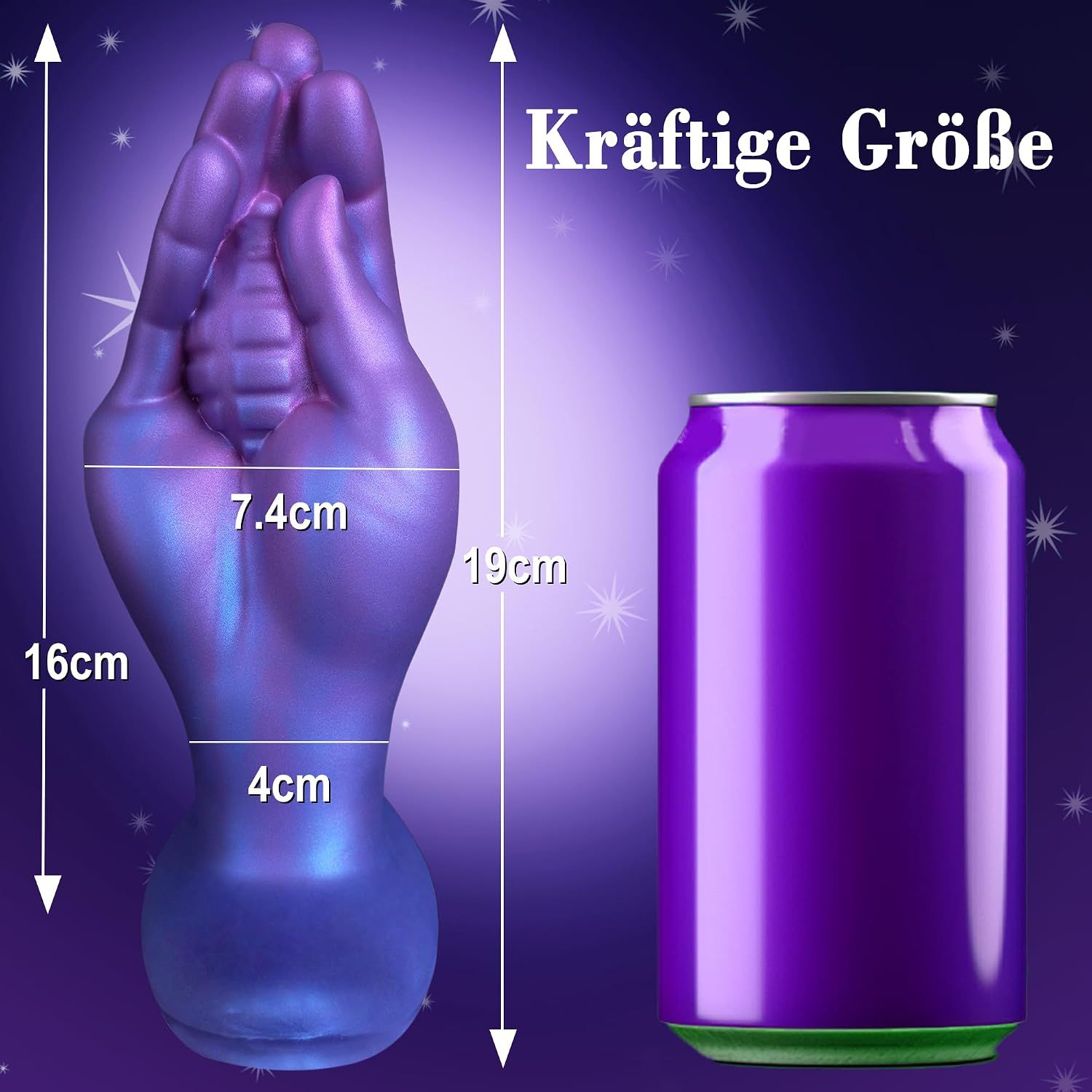 Lila Hand-förmiger Artikel mit detaillierter Fingerstruktur und einem kugelförmigen Ende. Maße: 19cm Gesamtlänge, 7.4cm breit, 16cm hoch.