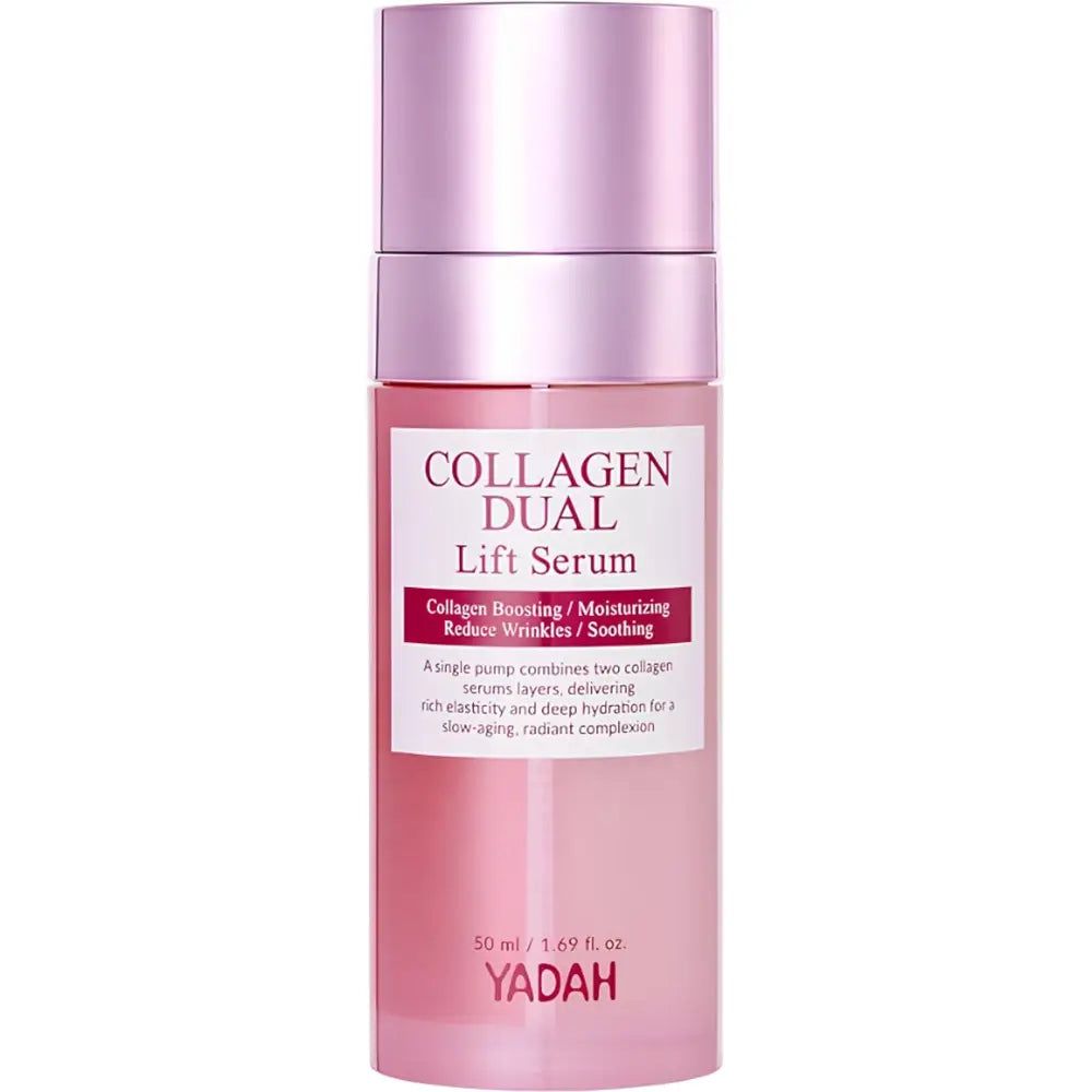 YADAH Collagen Dual Lift Serum Flasche mit rosa und silbernen Akzenten.