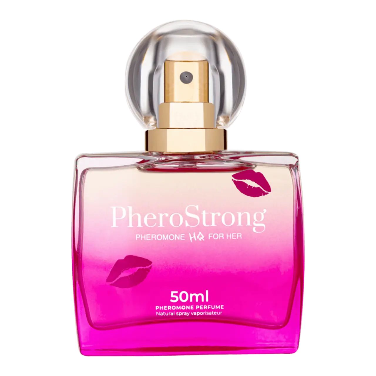 Glasflakon PheroStrong Pheromone HQ Für Sie. Rosa-Farbverlauf, Lippen-Motiv. Goldener Zerstäuber, transparente Kappe. 50ml.