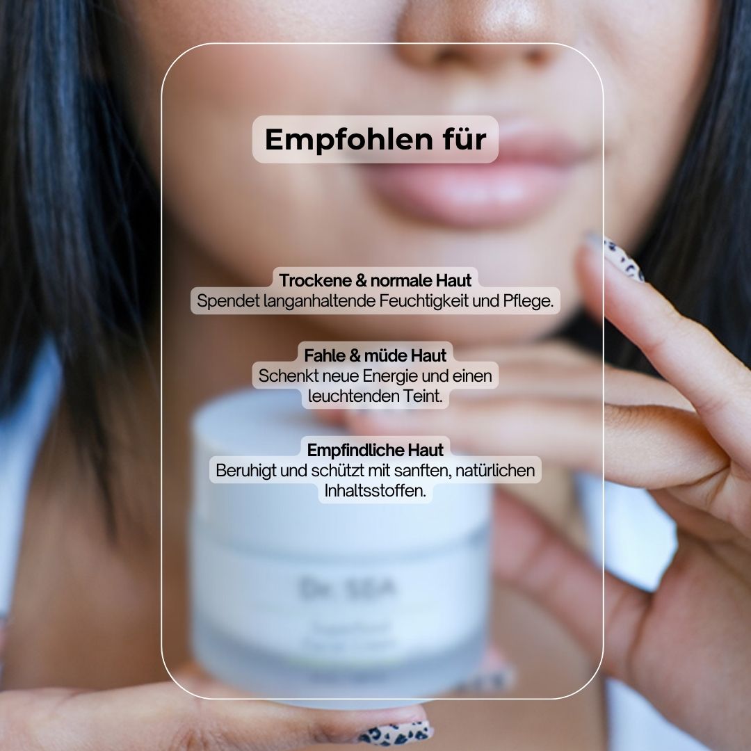 Creme-Tiegel mit Text. Text: Empfohlen für trockene, müde, empfindliche Haut. Aufschrift: Dr. SEA, Superfood Facial Cream.